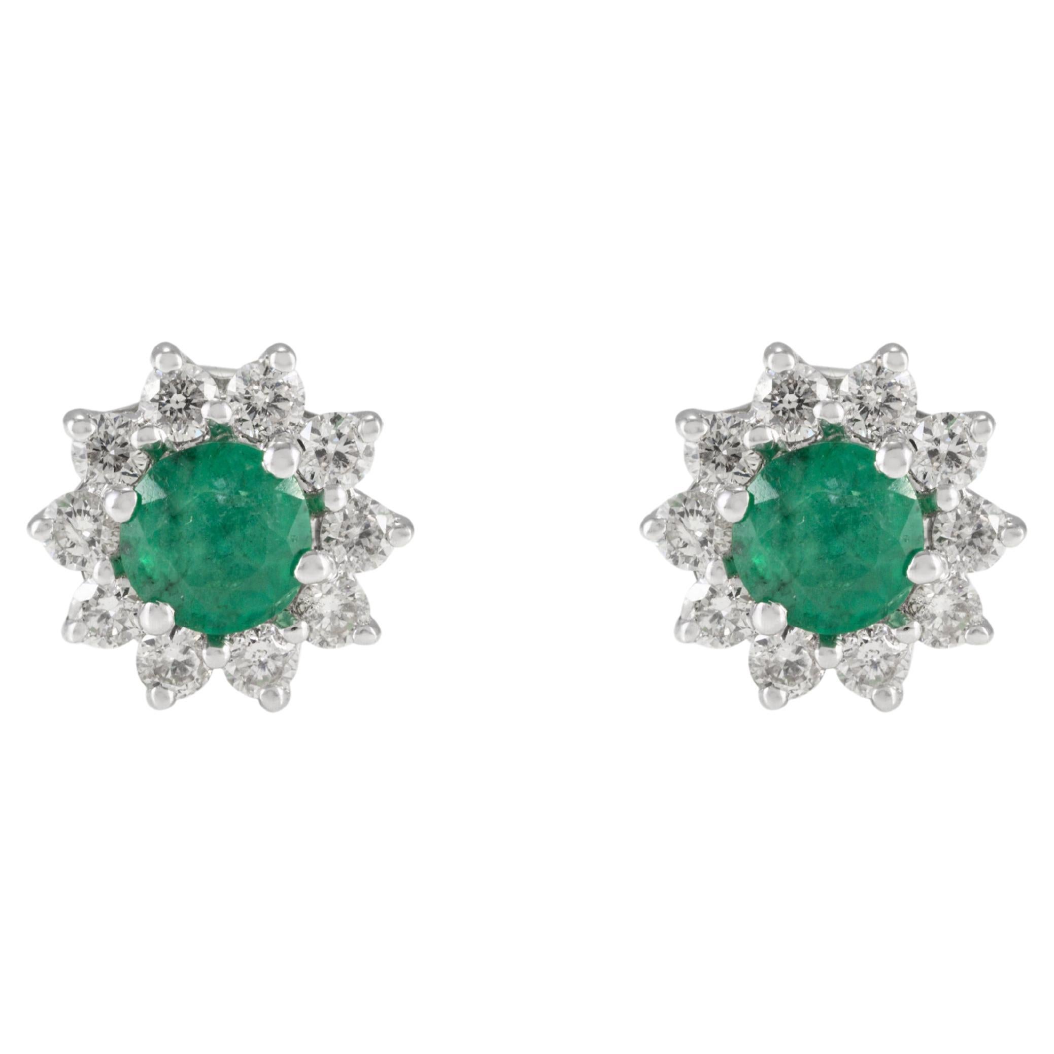 Round Cut Emerald and Diamond Halo Stud Earrings in Solid 18k White Gold For Sale