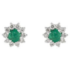 Round Cut Emerald and Diamond Halo Stud Earrings in Solid 18k White Gold