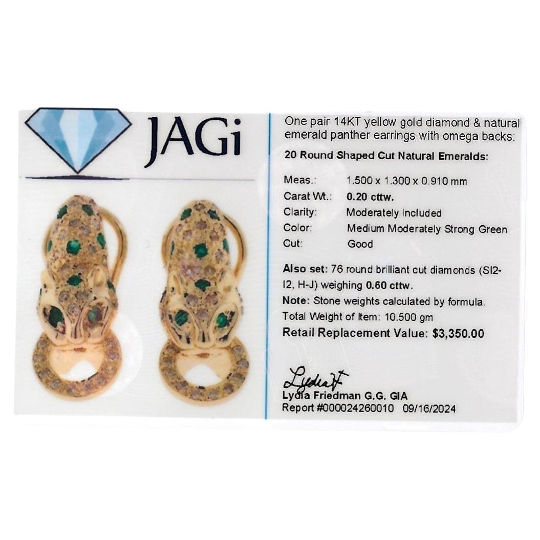 Boucles d'oreilles panthère Omega en or jaune 14 carats avec émeraudes taille ronde et diamants en vente 5