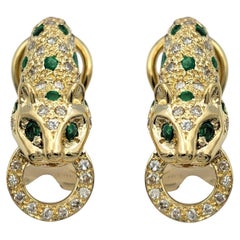 Round Cut Emerald and Diamond Panther Omega Back Earrings 14 Karat Yellow Gold