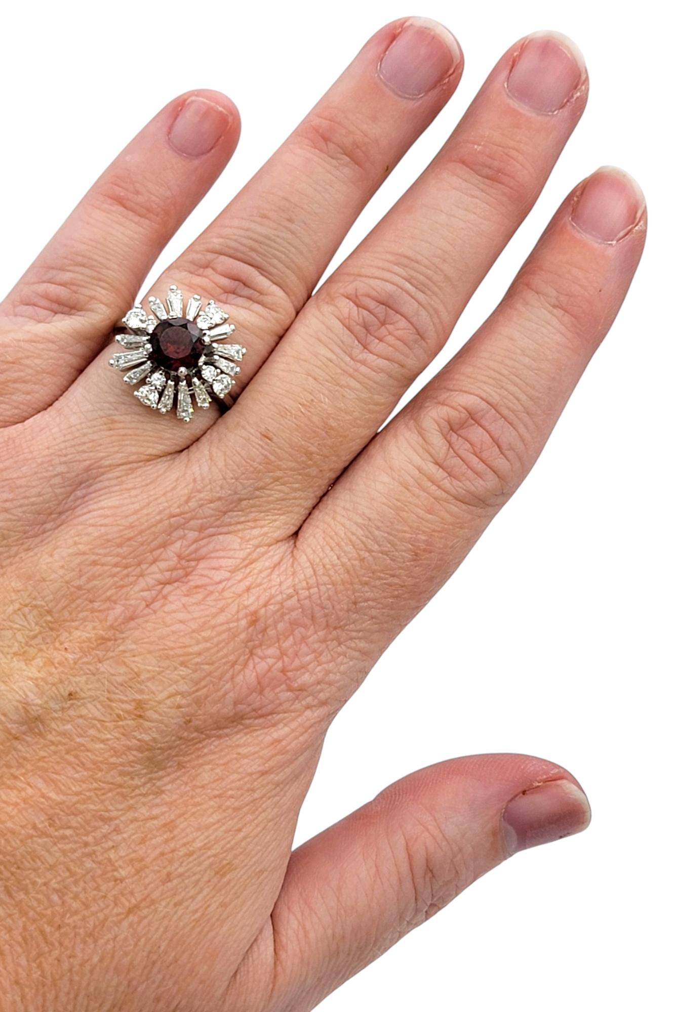 Round Cut Garnet and Baguette Diamond Ballerina Style Cocktail Ring in Platinum For Sale 5