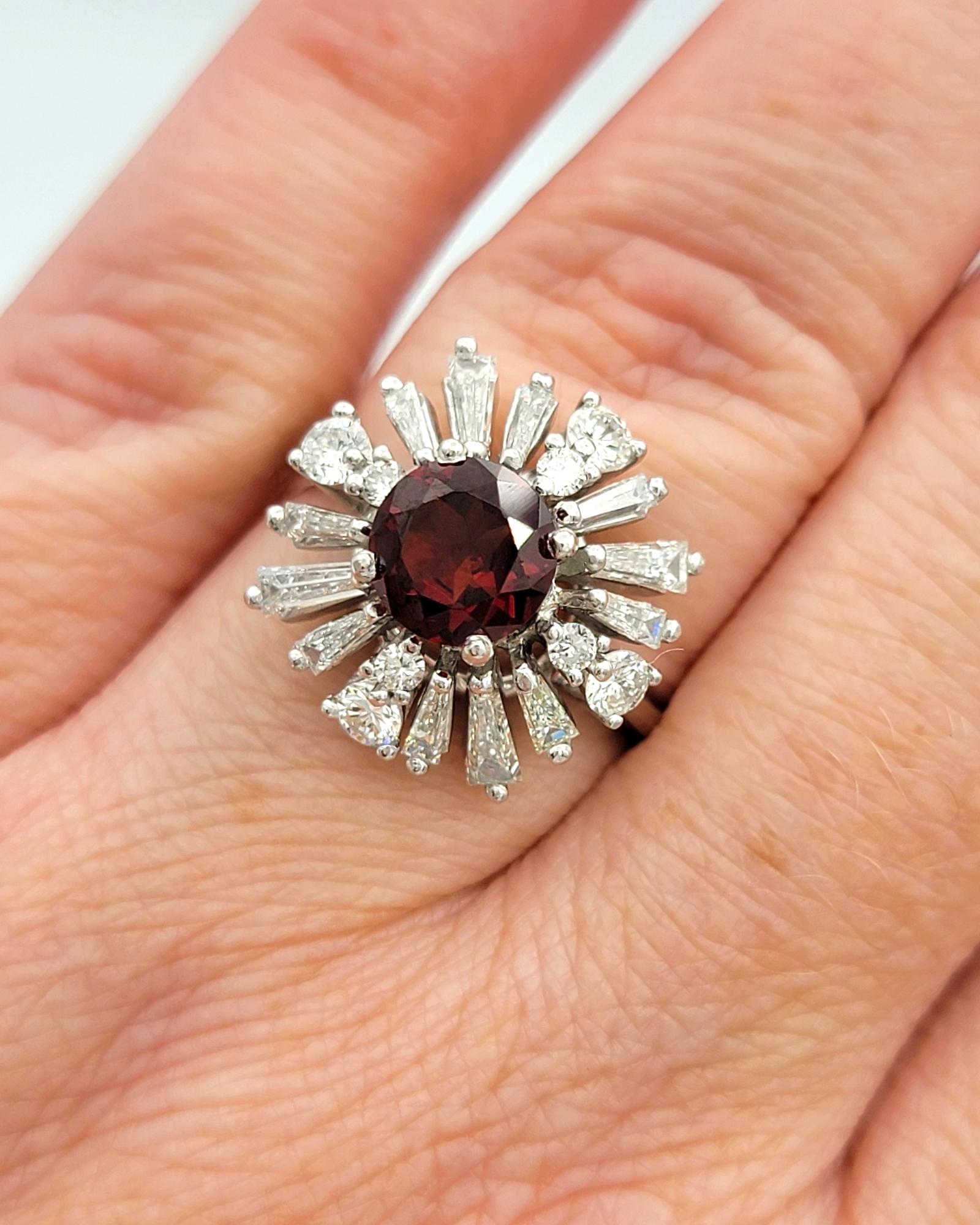 Round Cut Garnet and Baguette Diamond Ballerina Style Cocktail Ring in Platinum For Sale 6