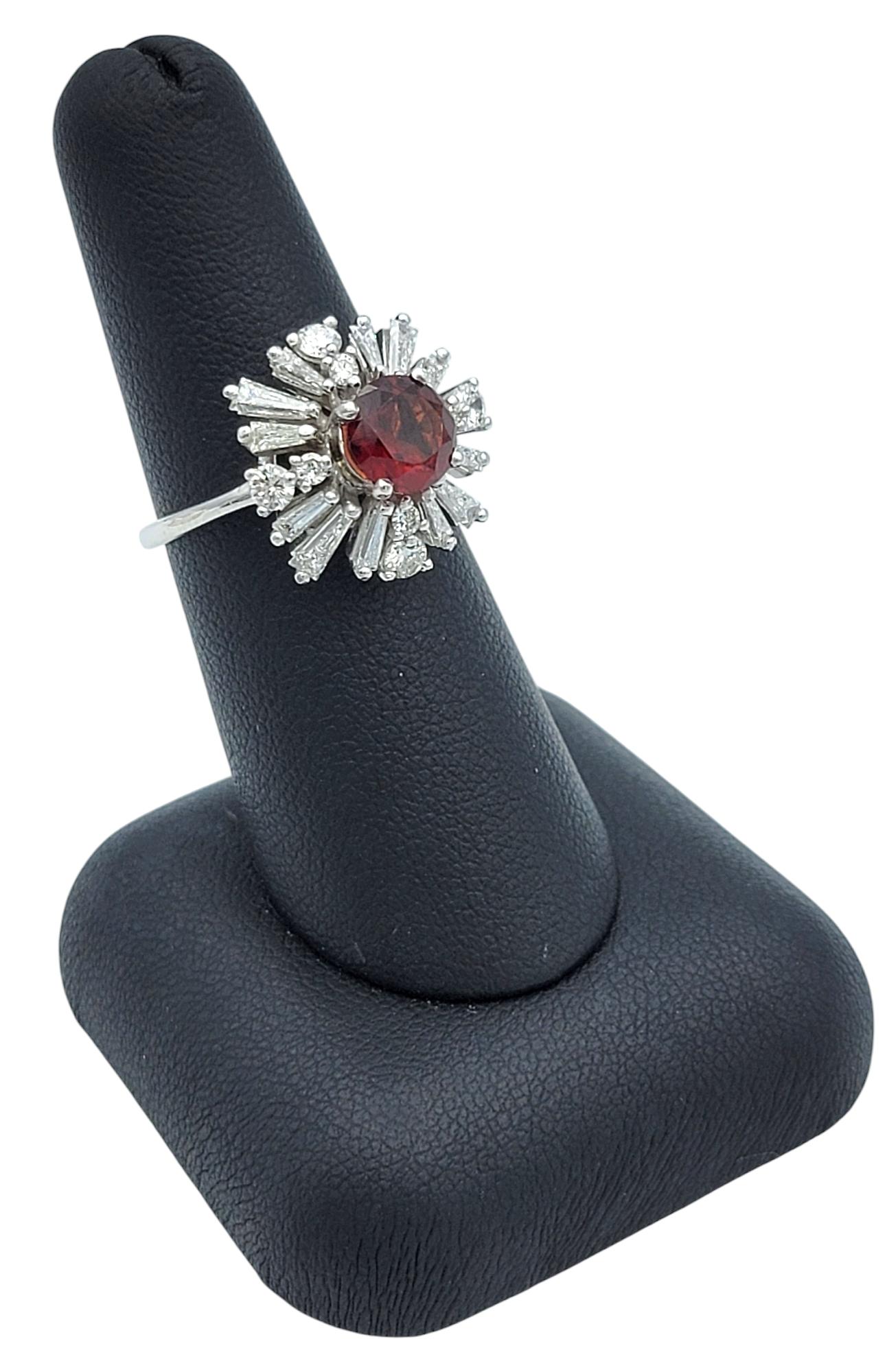 Round Cut Garnet and Baguette Diamond Ballerina Style Cocktail Ring in Platinum For Sale 7