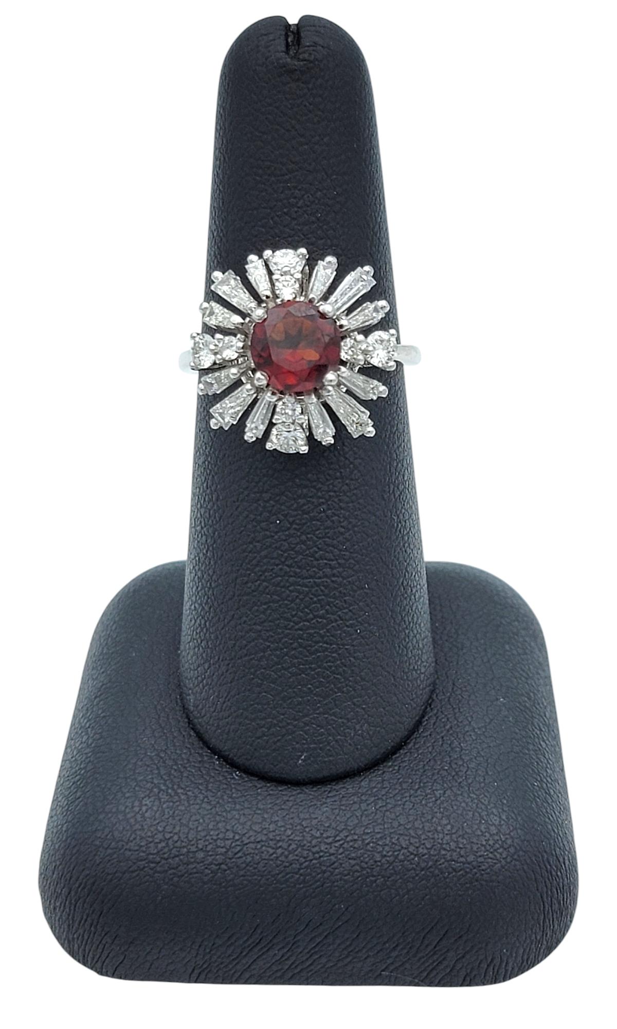 Round Cut Garnet and Baguette Diamond Ballerina Style Cocktail Ring in Platinum For Sale 8