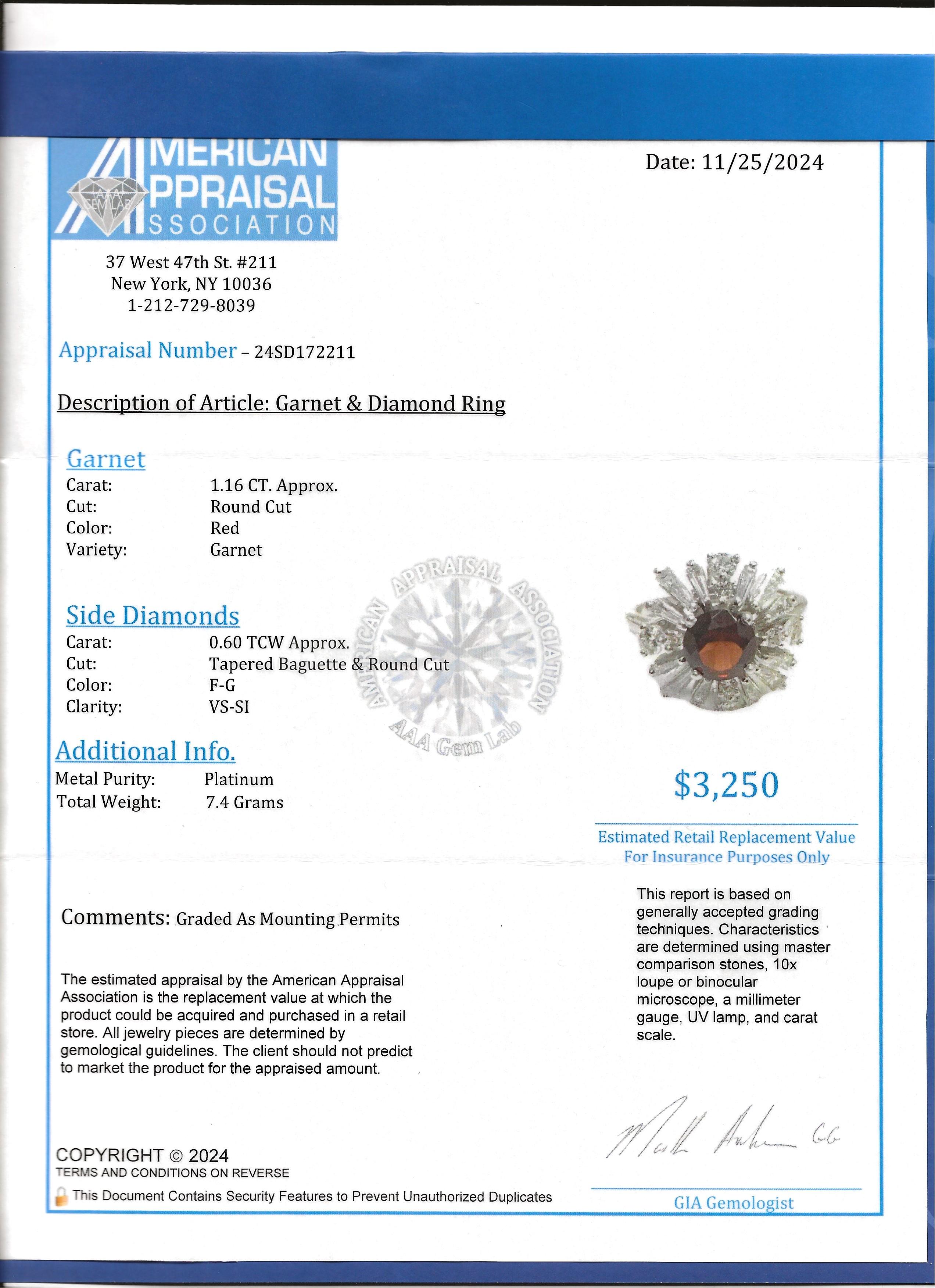 Round Cut Garnet and Baguette Diamond Ballerina Style Cocktail Ring in Platinum For Sale 9