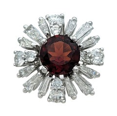 Round Cut Garnet and Baguette Diamond Ballerina Style Cocktail Ring in Platinum