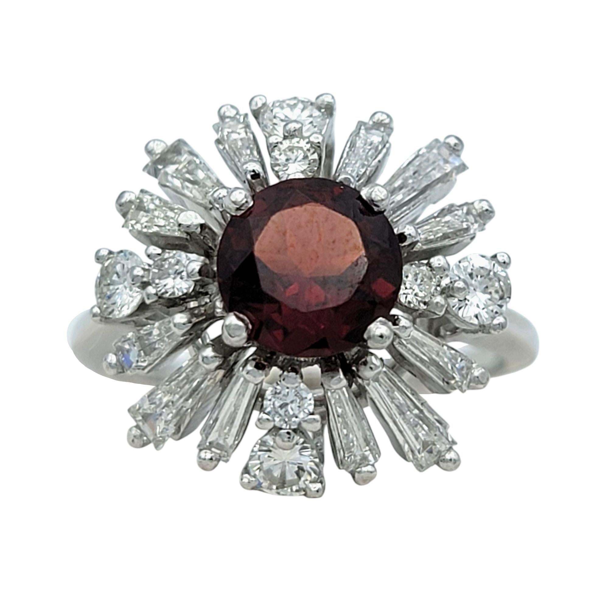 Contemporary Round Cut Garnet and Baguette Diamond Ballerina Style Cocktail Ring in Platinum For Sale
