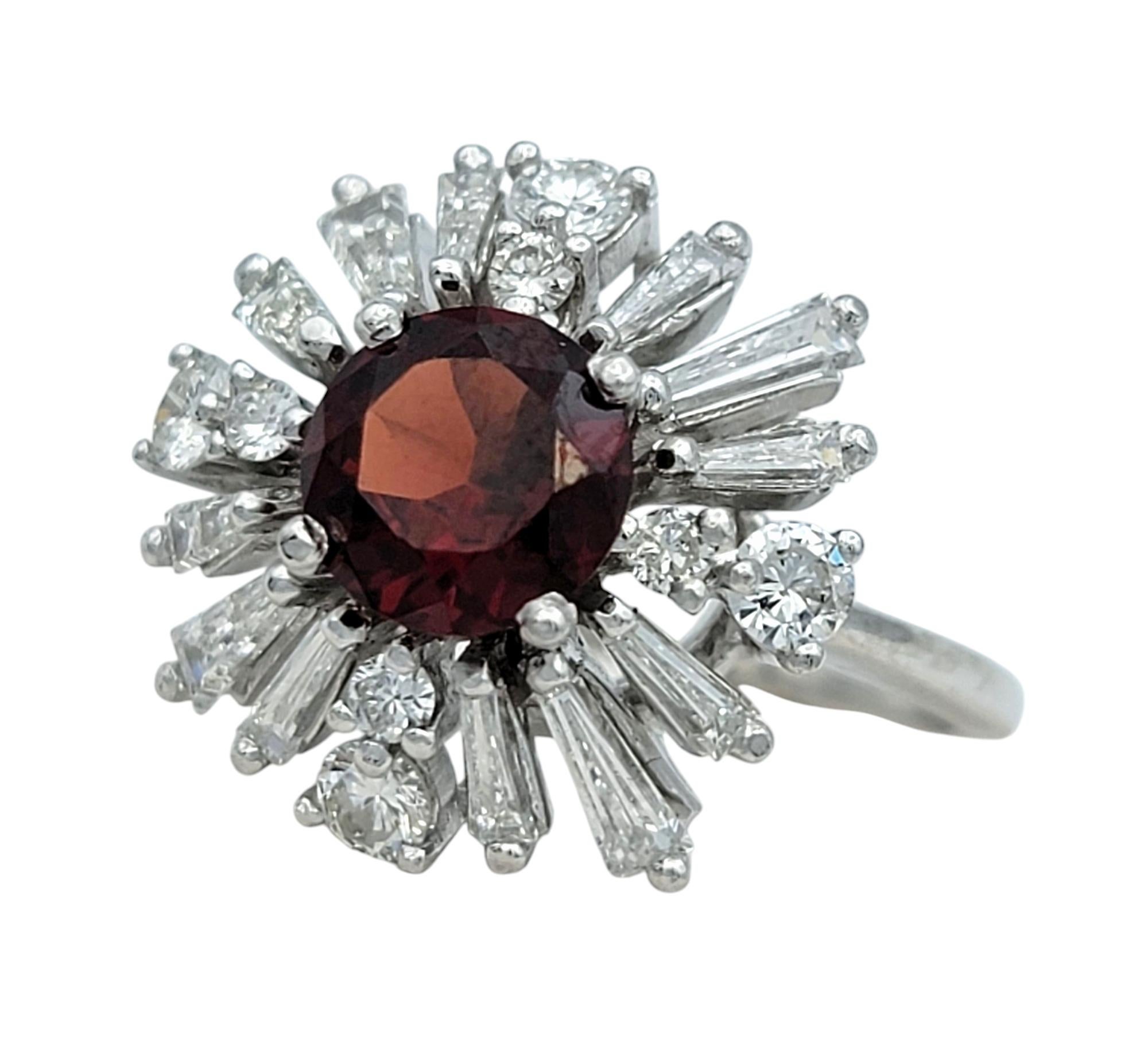 Round Cut Garnet and Baguette Diamond Ballerina Style Cocktail Ring in Platinum In Good Condition For Sale In Scottsdale, AZ