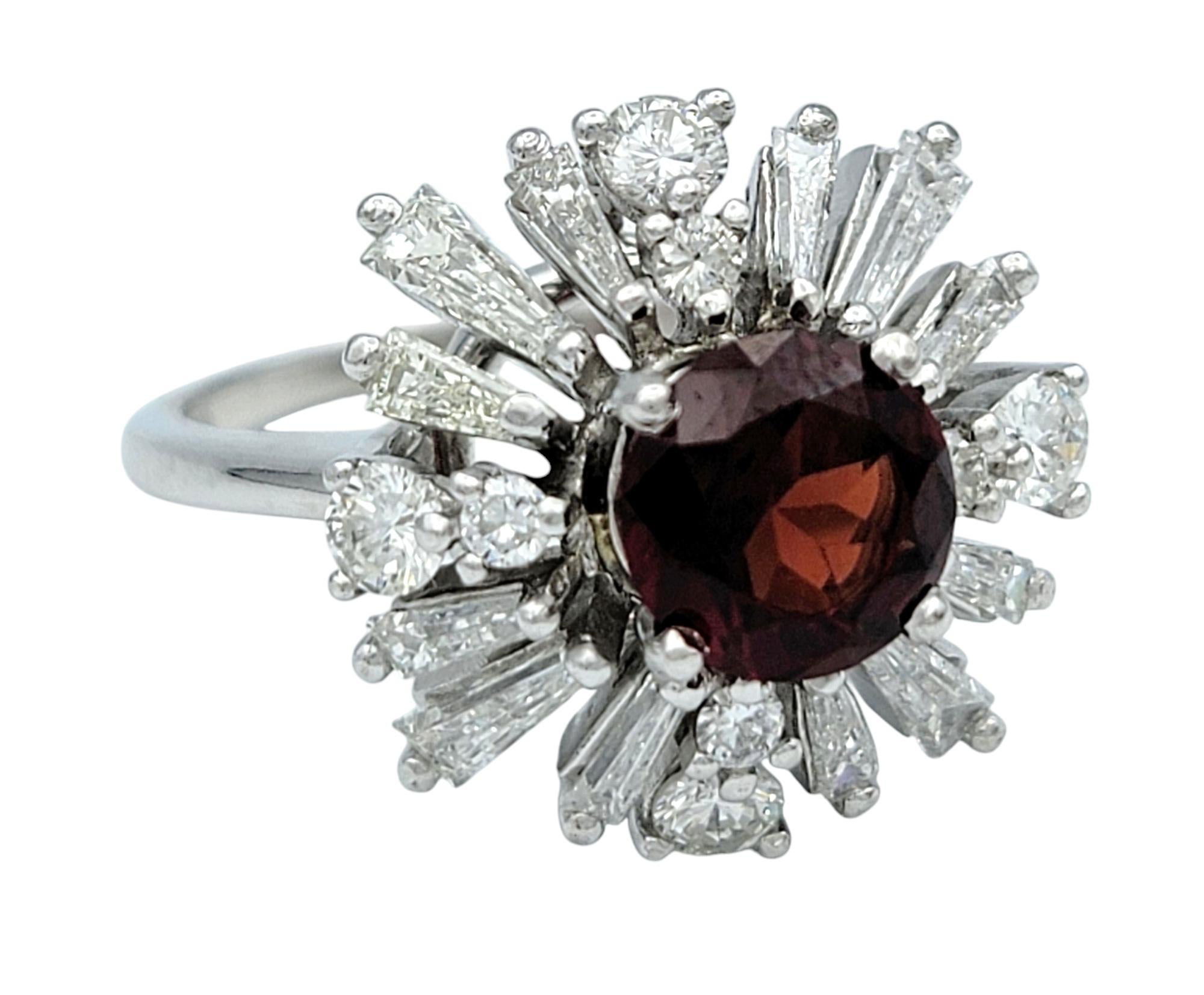 Women's Round Cut Garnet and Baguette Diamond Ballerina Style Cocktail Ring in Platinum For Sale