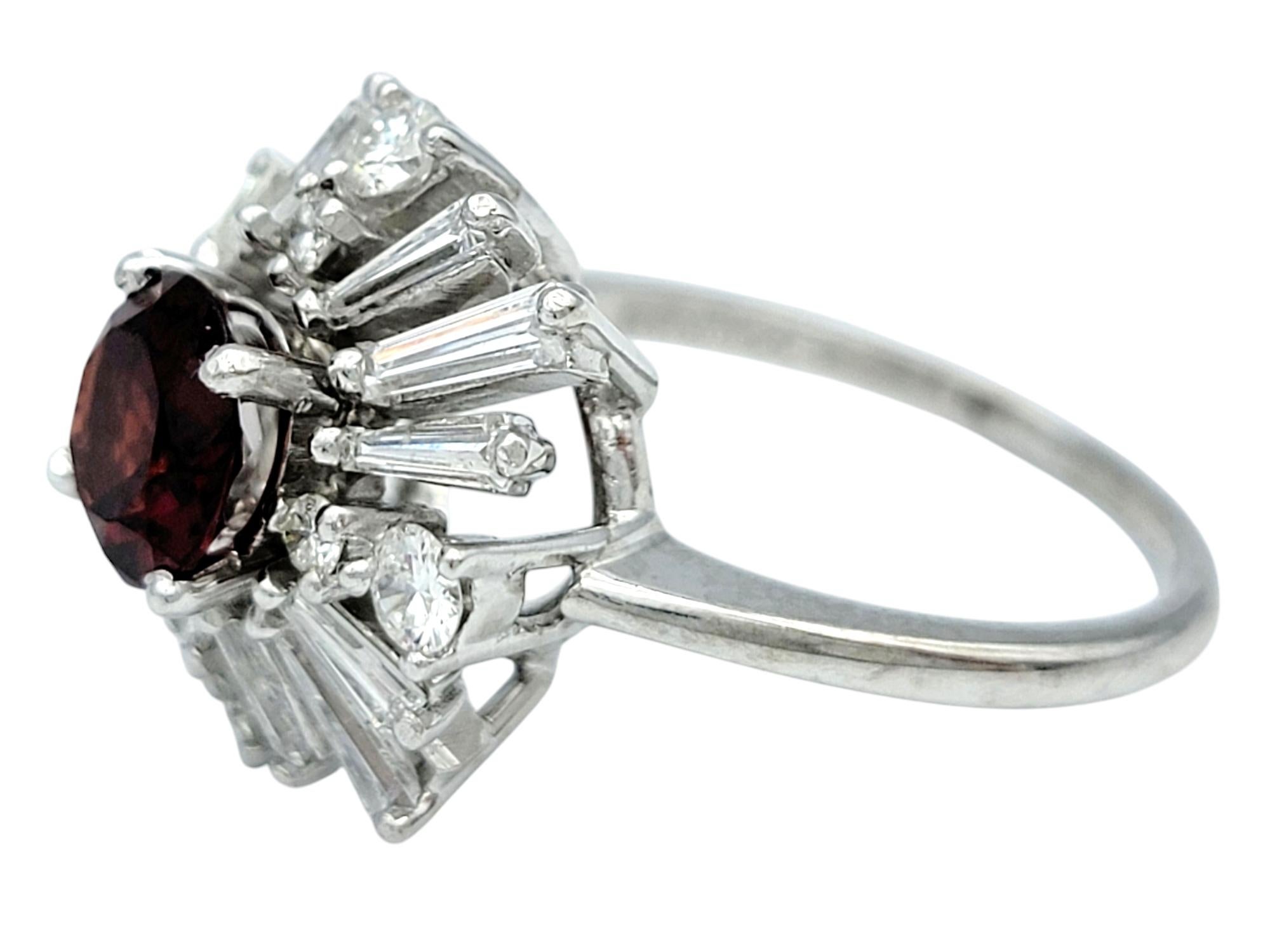 Round Cut Garnet and Baguette Diamond Ballerina Style Cocktail Ring in Platinum For Sale 1