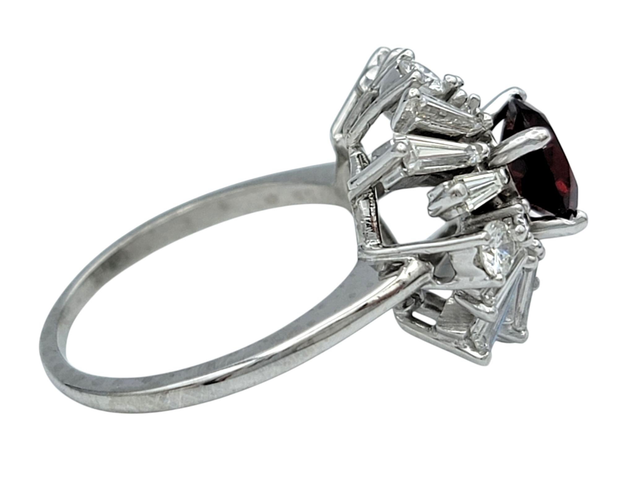 Round Cut Garnet and Baguette Diamond Ballerina Style Cocktail Ring in Platinum For Sale 2