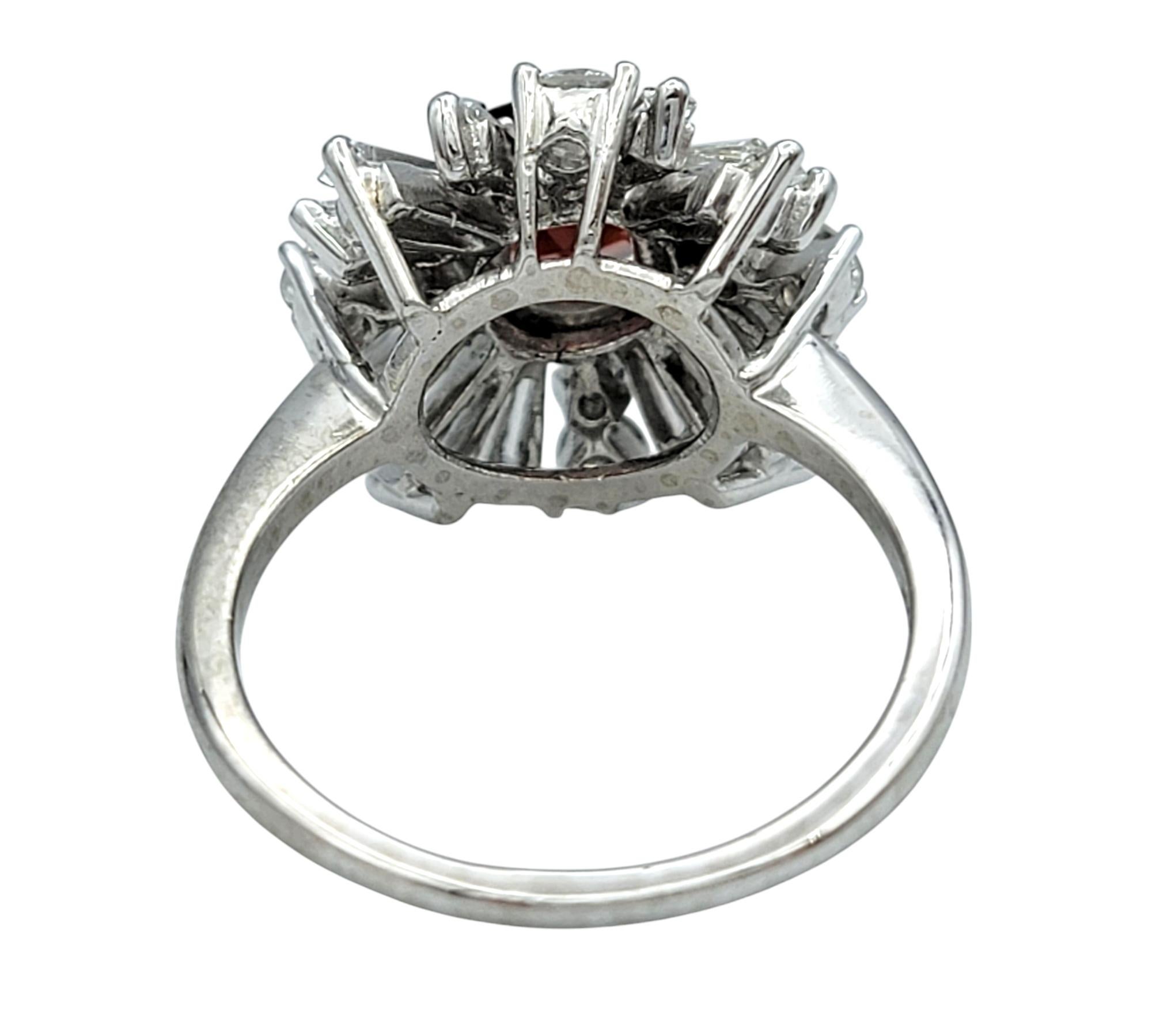 Round Cut Garnet and Baguette Diamond Ballerina Style Cocktail Ring in Platinum For Sale 3