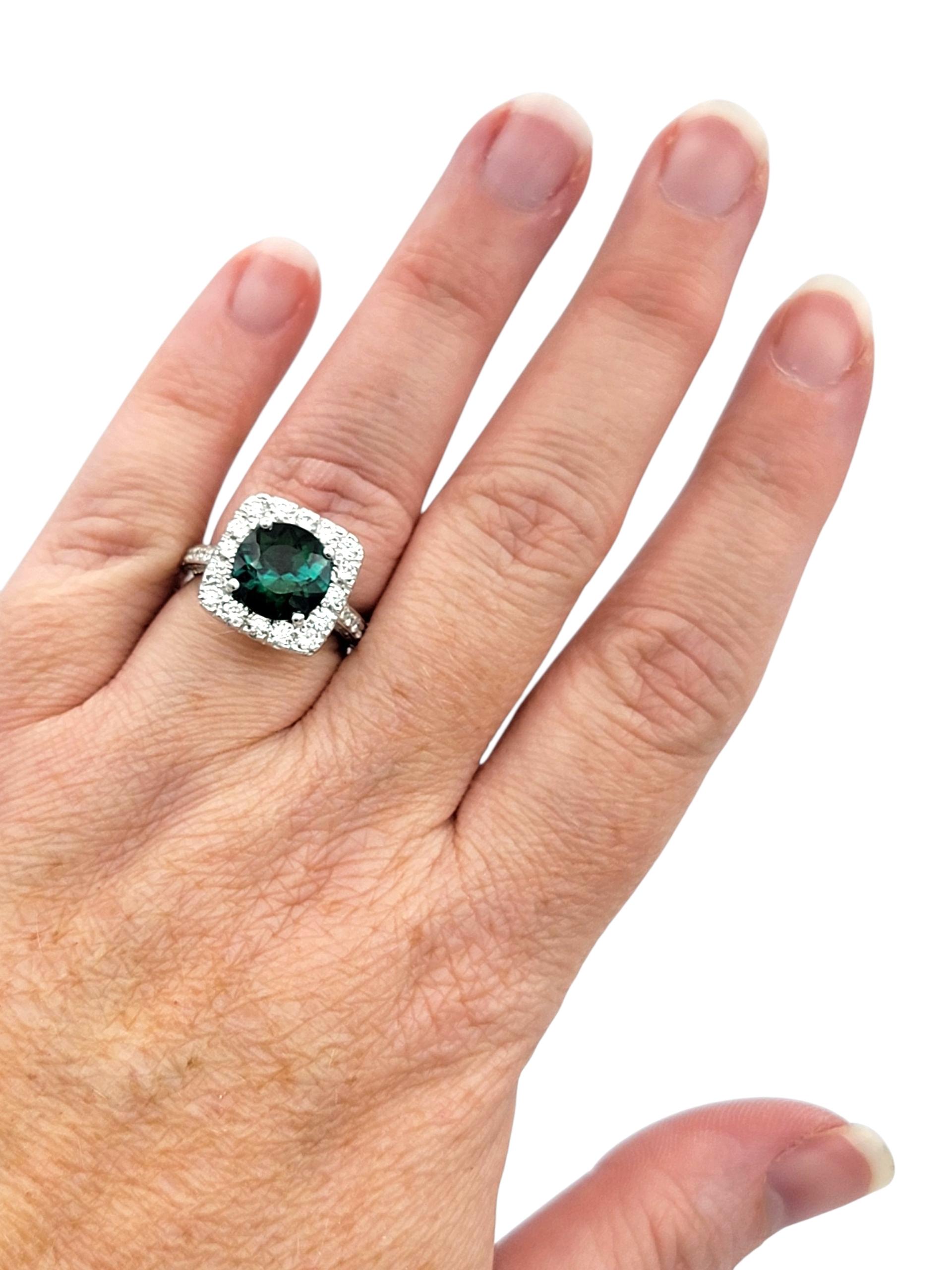 Round Cut Green Tourmaline and Squared Diamond Halo Ring in 18 Karat White Gold For Sale 5