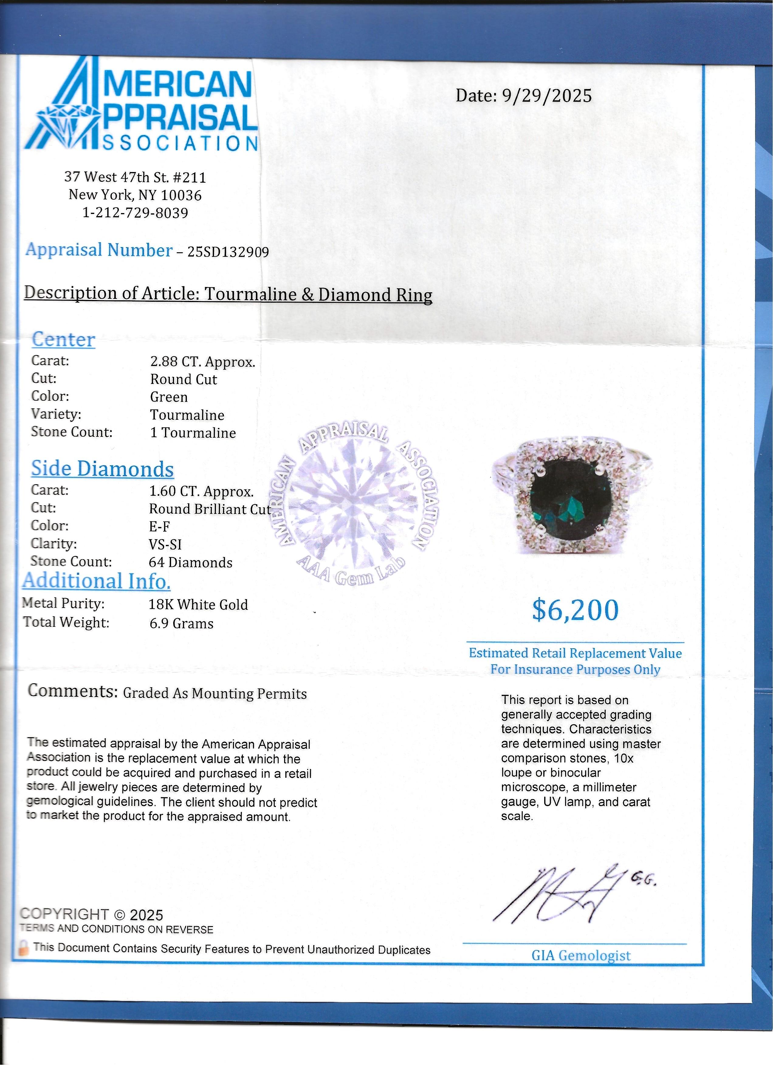 Round Cut Green Tourmaline and Squared Diamond Halo Ring in 18 Karat White Gold For Sale 6