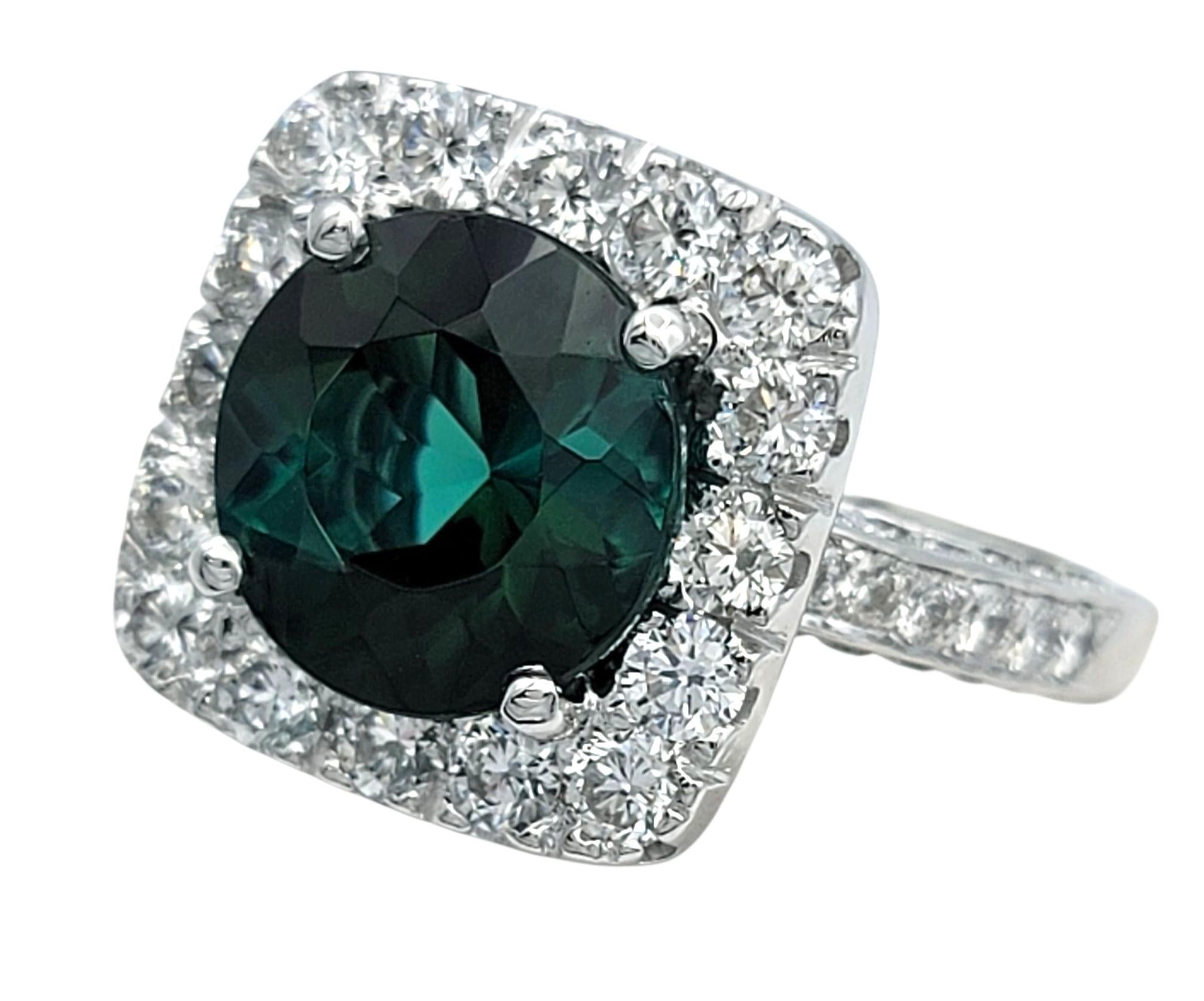Round Cut Green Tourmaline and Squared Diamond Halo Ring in 18 Karat White Gold In Good Condition For Sale In Scottsdale, AZ