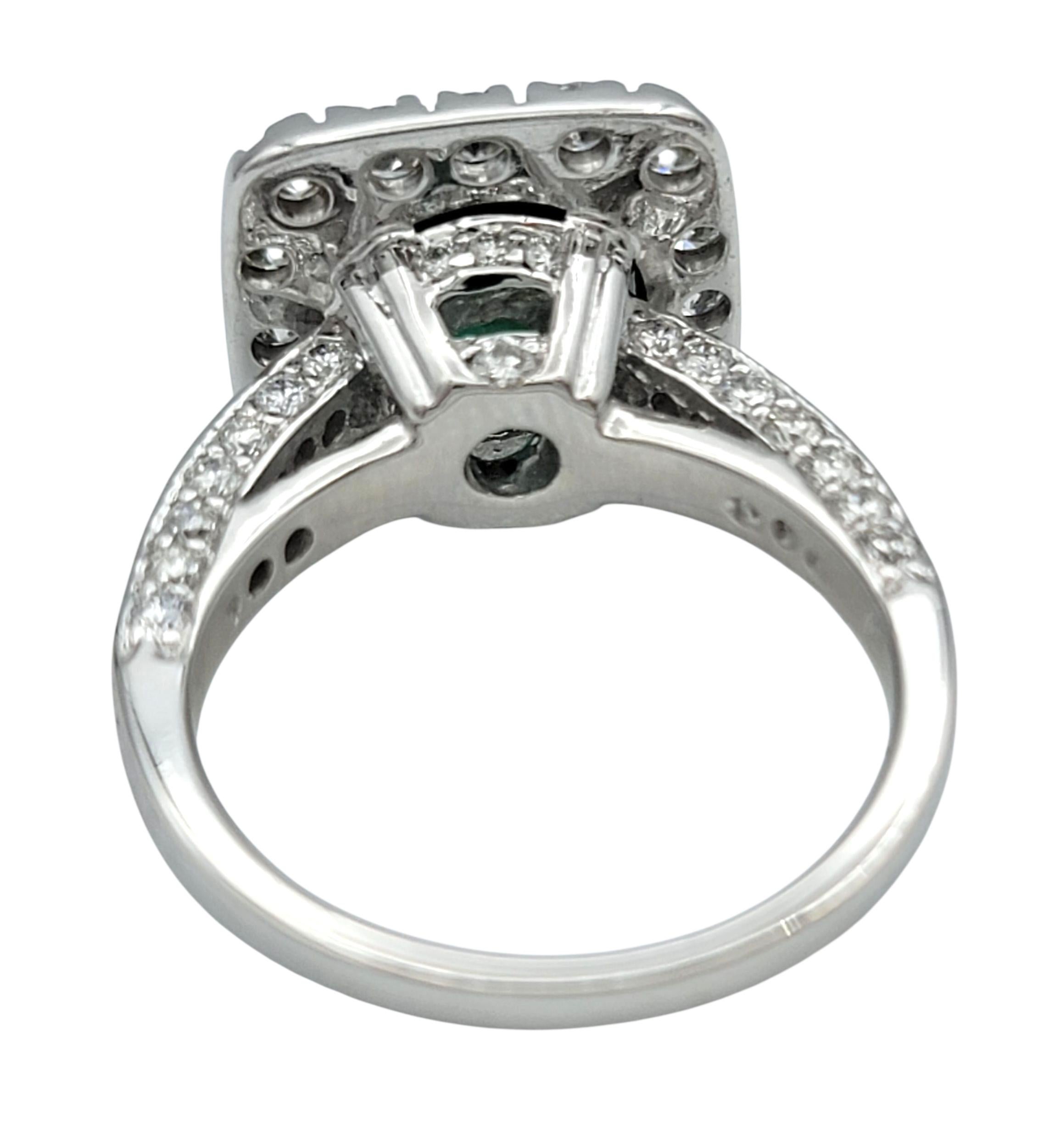 Women's Round Cut Green Tourmaline and Squared Diamond Halo Ring in 18 Karat White Gold For Sale