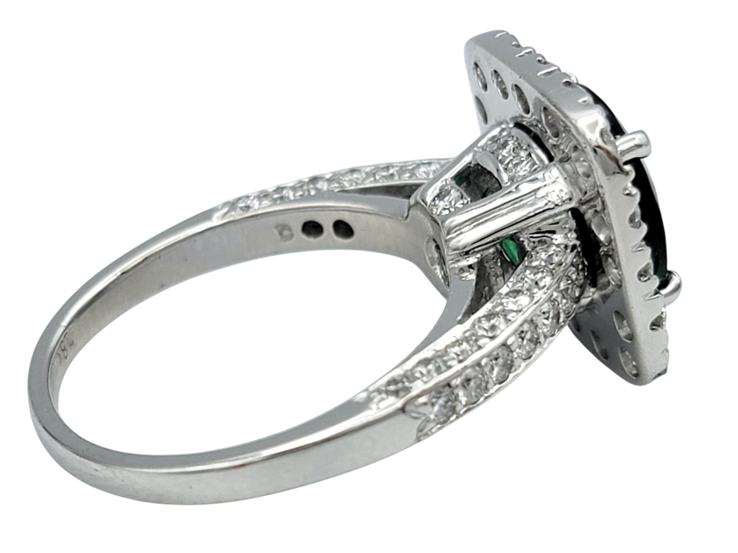 Round Cut Green Tourmaline and Squared Diamond Halo Ring in 18 Karat White Gold For Sale 1