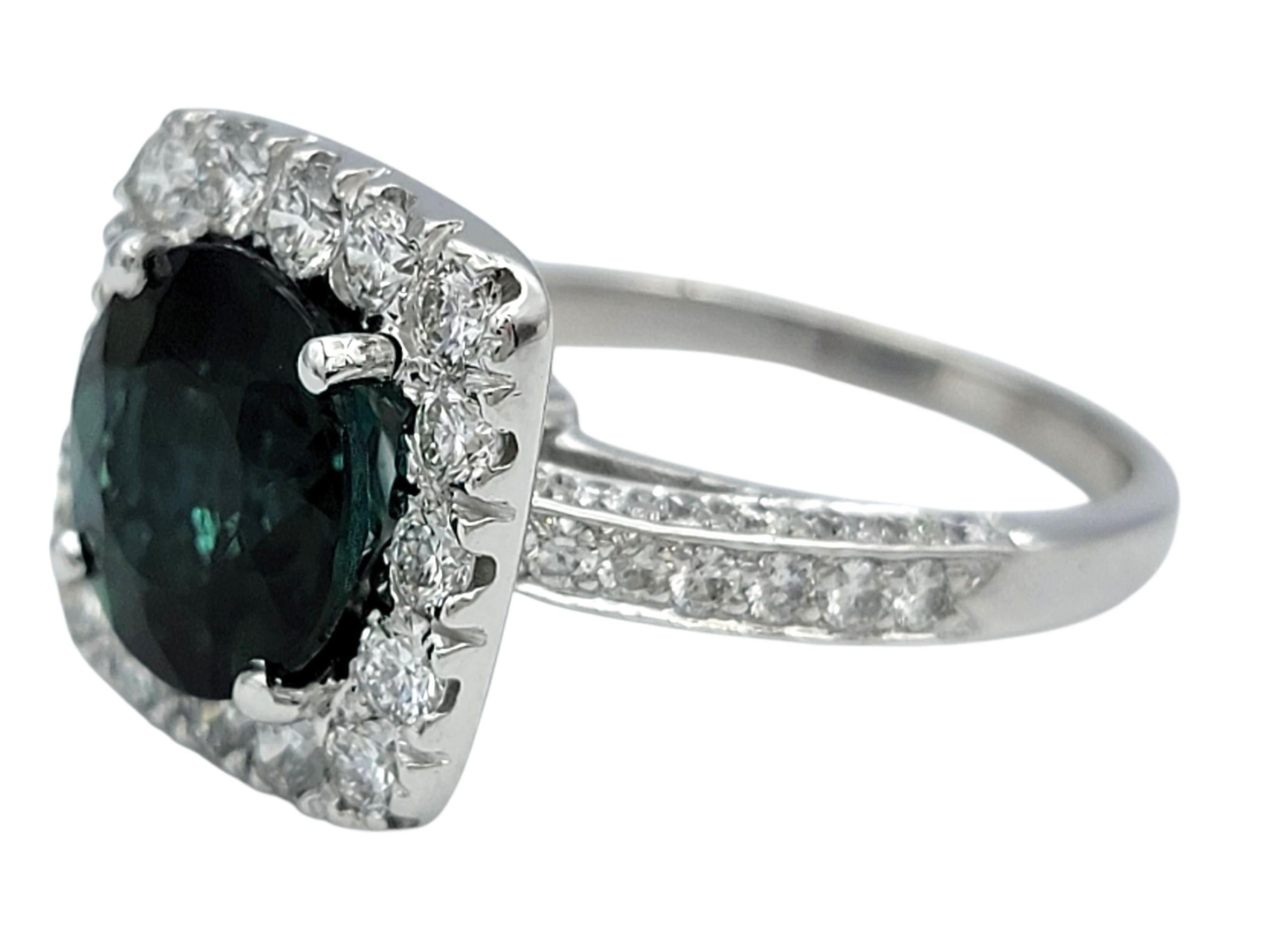 Round Cut Green Tourmaline and Squared Diamond Halo Ring in 18 Karat White Gold For Sale 2