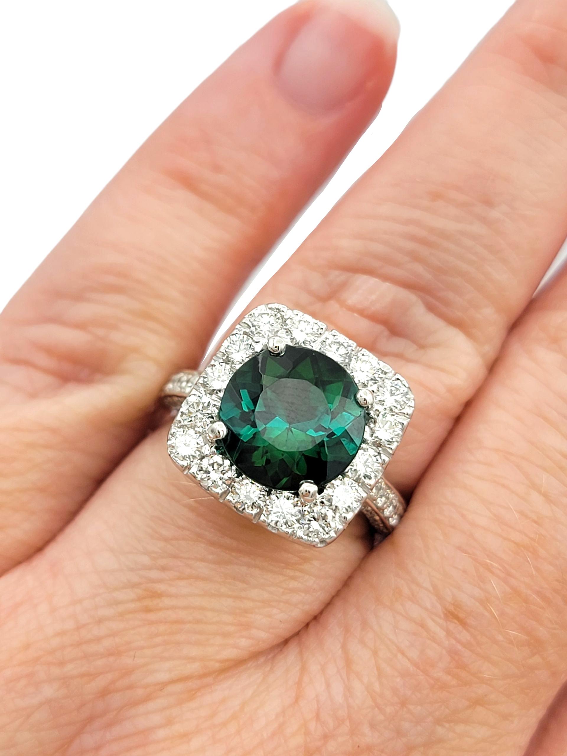 Round Cut Green Tourmaline and Squared Diamond Halo Ring in 18 Karat White Gold For Sale 4