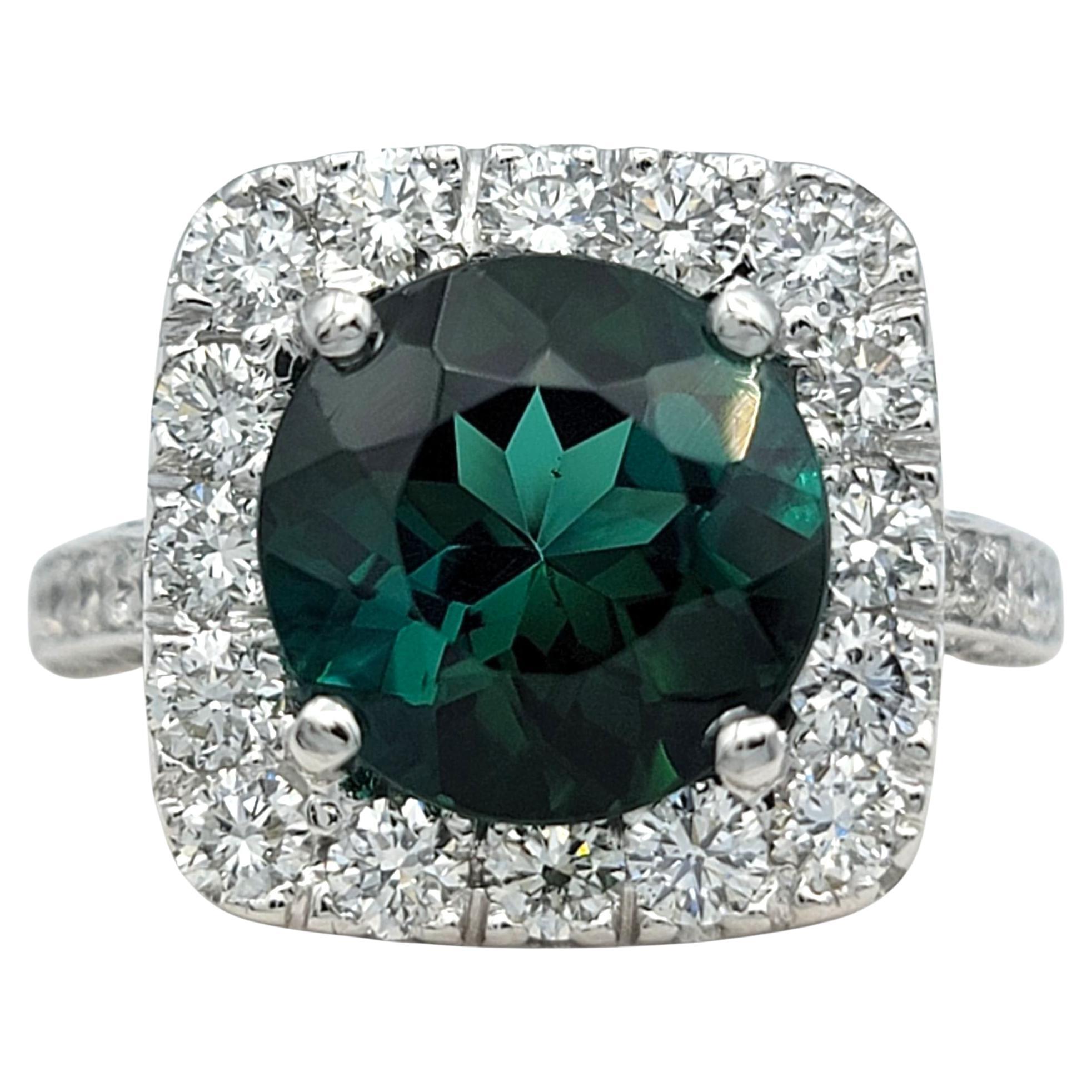 Round Cut Green Tourmaline and Squared Diamond Halo Ring in 18 Karat White Gold For Sale