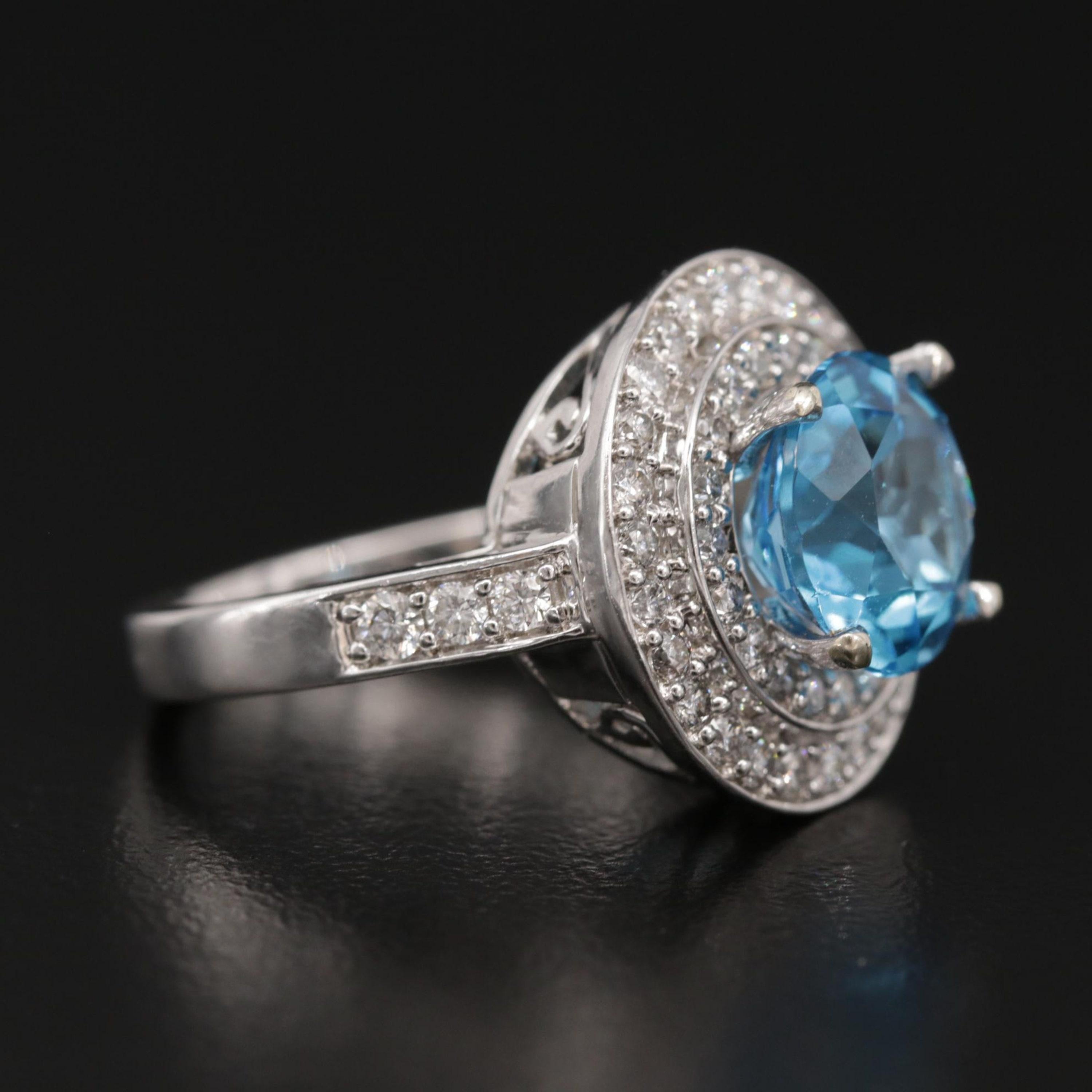 For Sale:  Round Cut Halo Blue Aquamarine Diamond White Gold Engagement Ring Bridal Ring 2