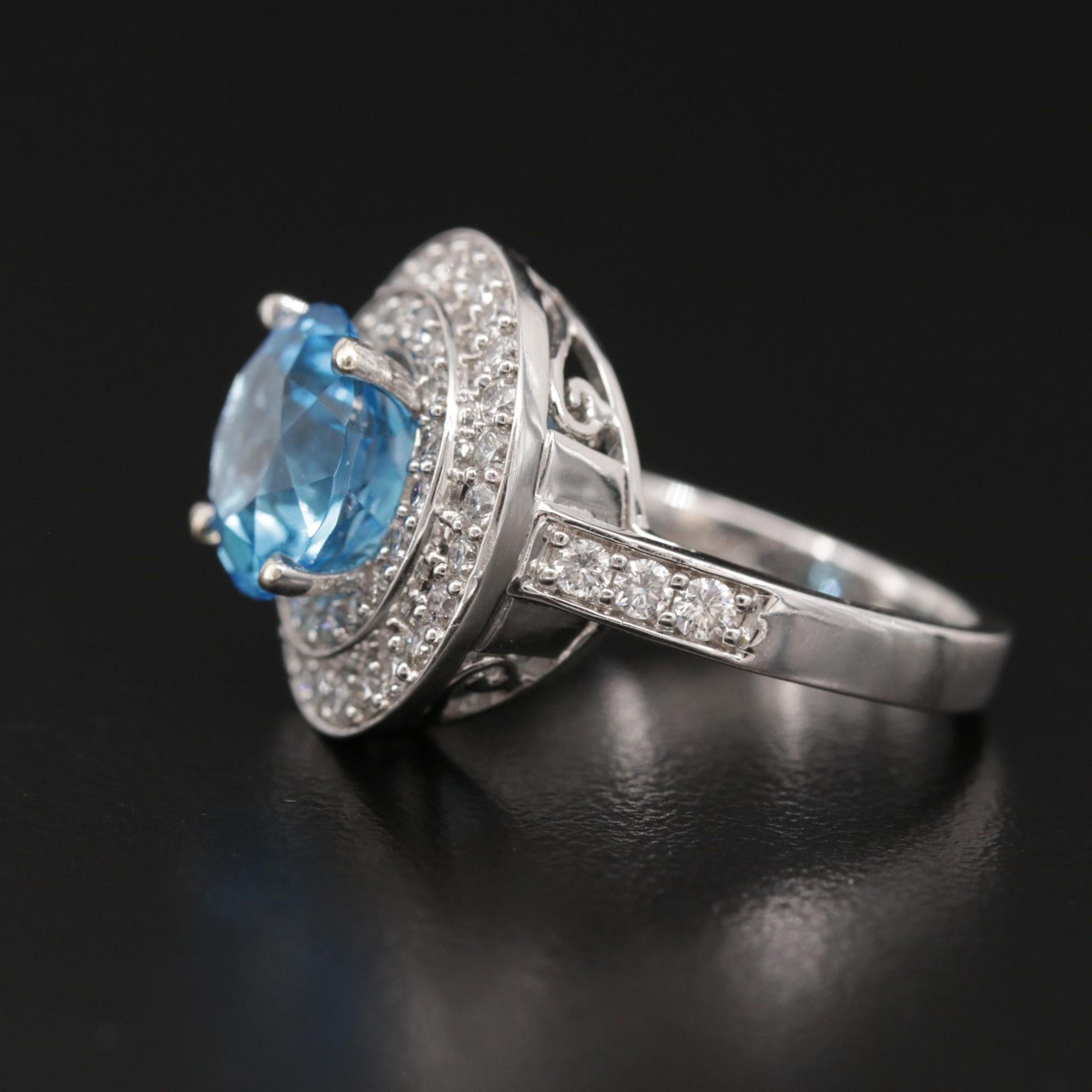 For Sale:  Round Cut Halo Blue Aquamarine Diamond White Gold Engagement Ring Bridal Ring 4