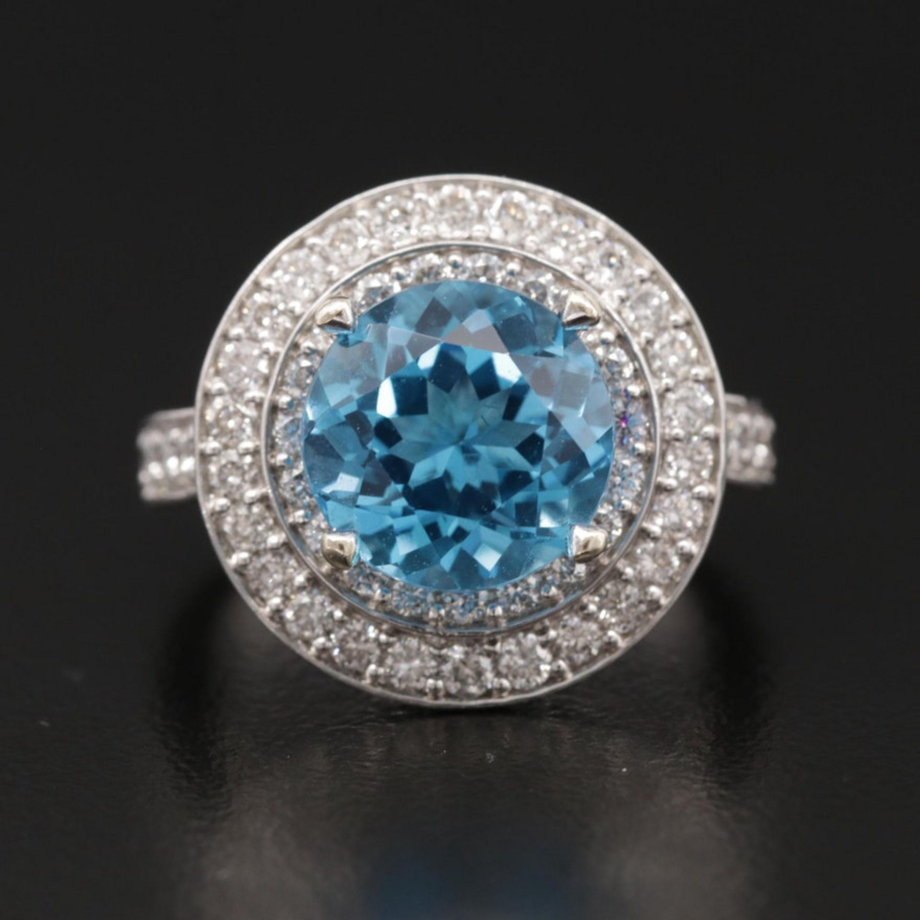 For Sale:  Round Cut Halo Blue Aquamarine Diamond White Gold Engagement Ring Bridal Ring 6