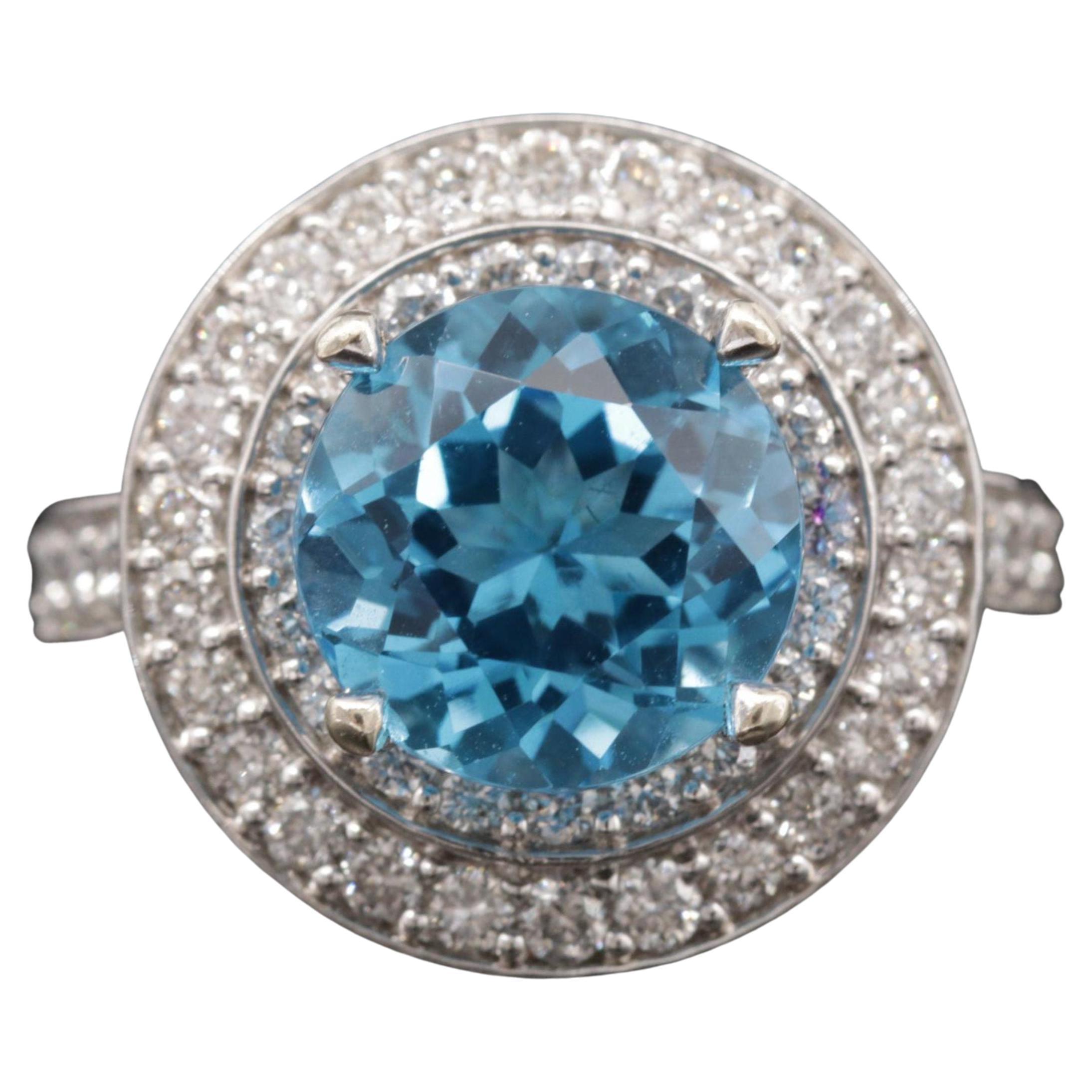 For Sale:  Round Cut Halo Blue Aquamarine Diamond White Gold Engagement Ring Bridal Ring