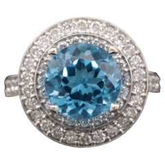 Round Cut Halo Blue Aquamarine Diamond White Gold Engagement Ring Bridal Ring