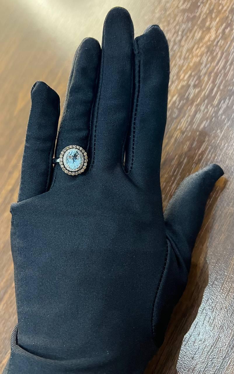 Round Cut Light Blue Aquamarine Diamonds Halo 14K White Gold Statement Ring For Sale 8