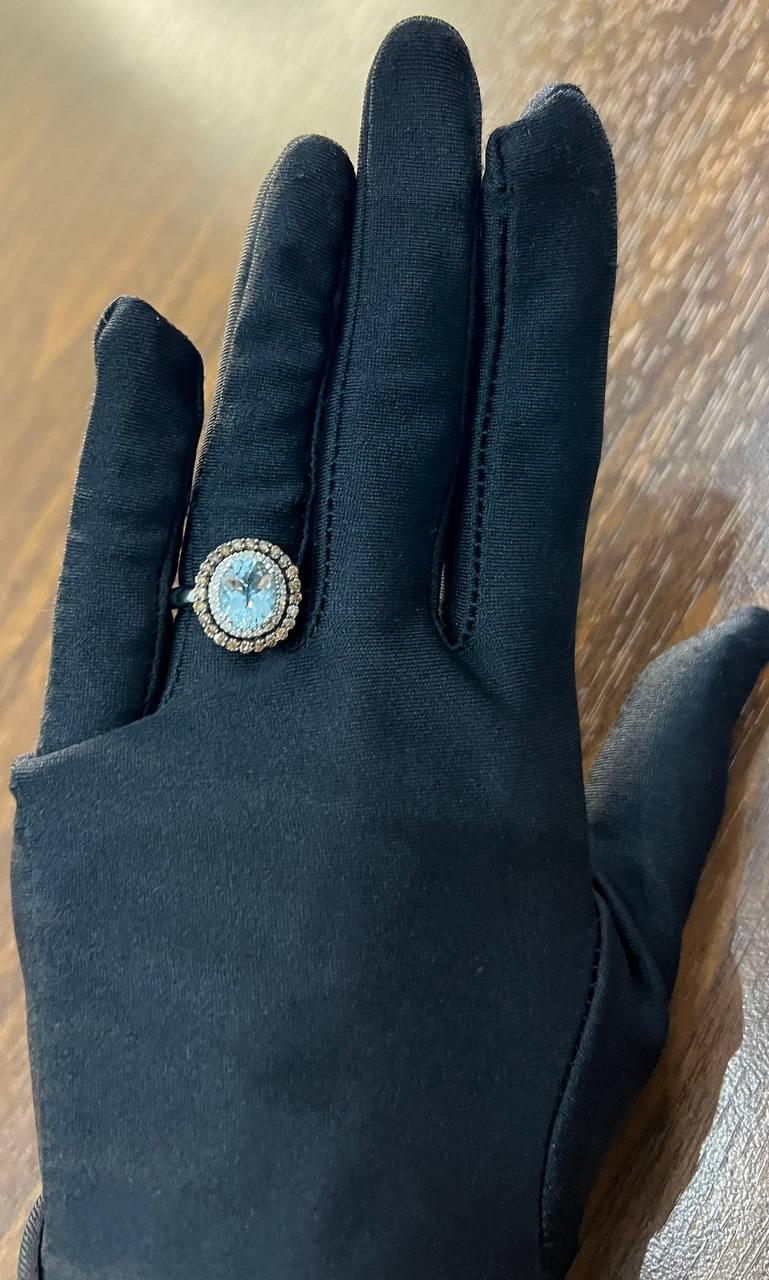 Round Cut Light Blue Aquamarine Diamonds Halo 14K White Gold Statement Ring For Sale 9