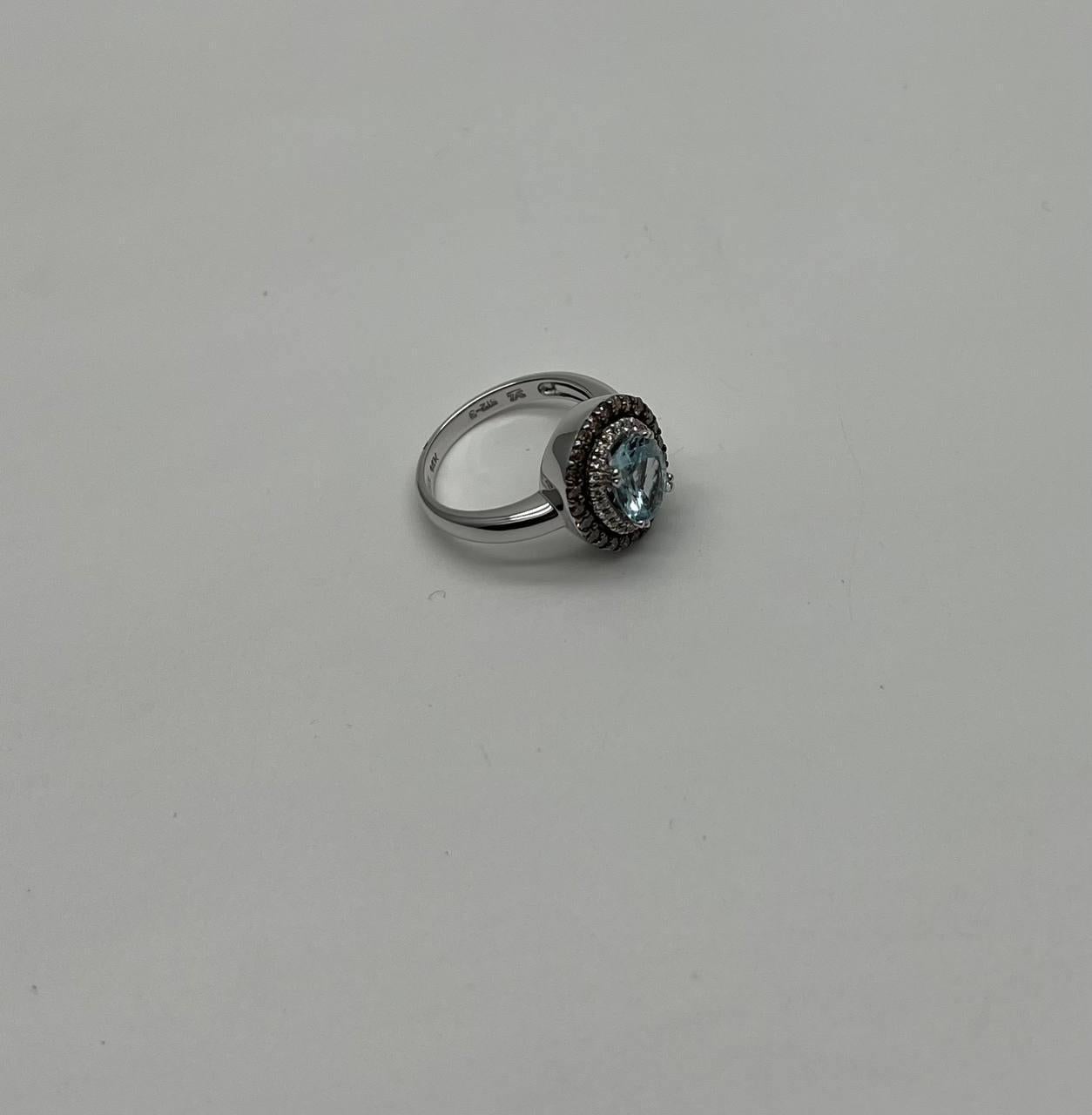 Women's Round Cut Light Blue Aquamarine Diamonds Halo 14K White Gold Statement Ring For Sale