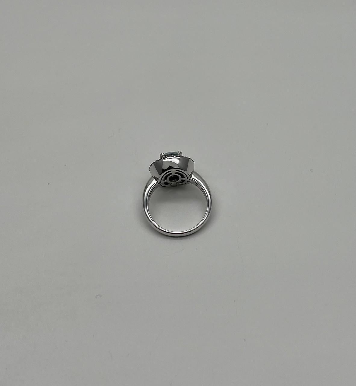 Round Cut Light Blue Aquamarine Diamonds Halo 14K White Gold Statement Ring For Sale 2