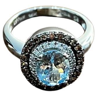 Round Cut Light Blue Aquamarine Diamonds Halo 14K White Gold Statement Ring For Sale