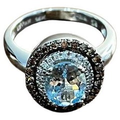 Round Cut Light Blue Aquamarine Diamonds Halo 14K White Gold Statement Ring