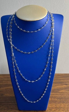 Round Cut Light Blue Topaz Bezel 14K White Gold Long Chain Station Necklace