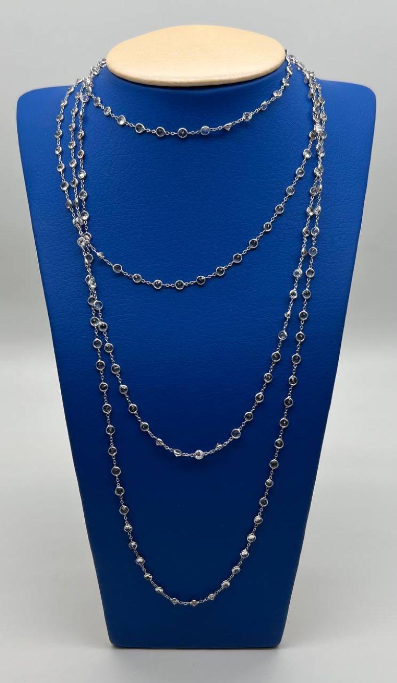 Women's Round Cut Light Blue Topaz Bezel 14K White Gold Long Chain Station Necklace For Sale