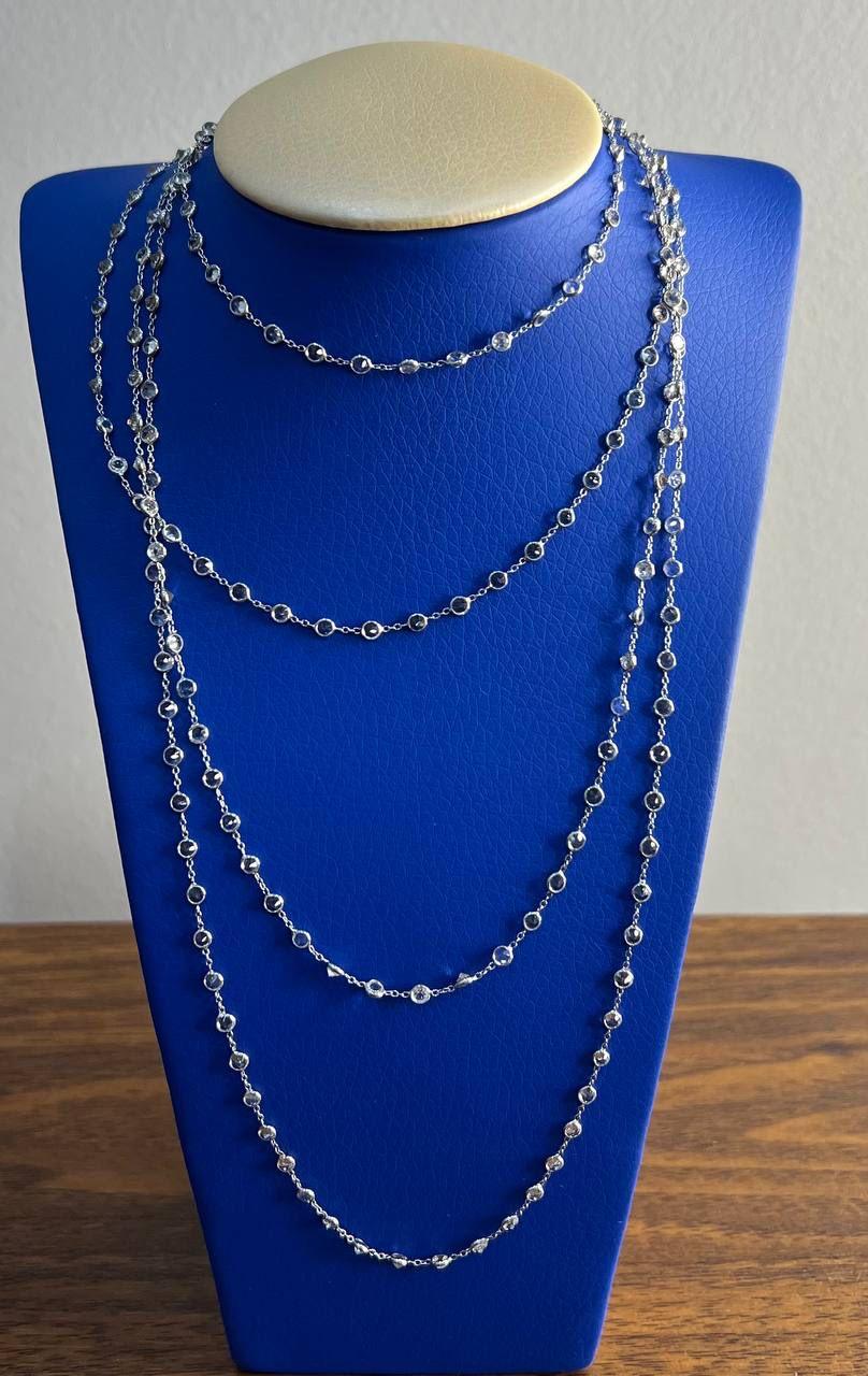 Round Cut Light Blue Topaz Bezel 14K White Gold Long Chain Station Necklace For Sale 1