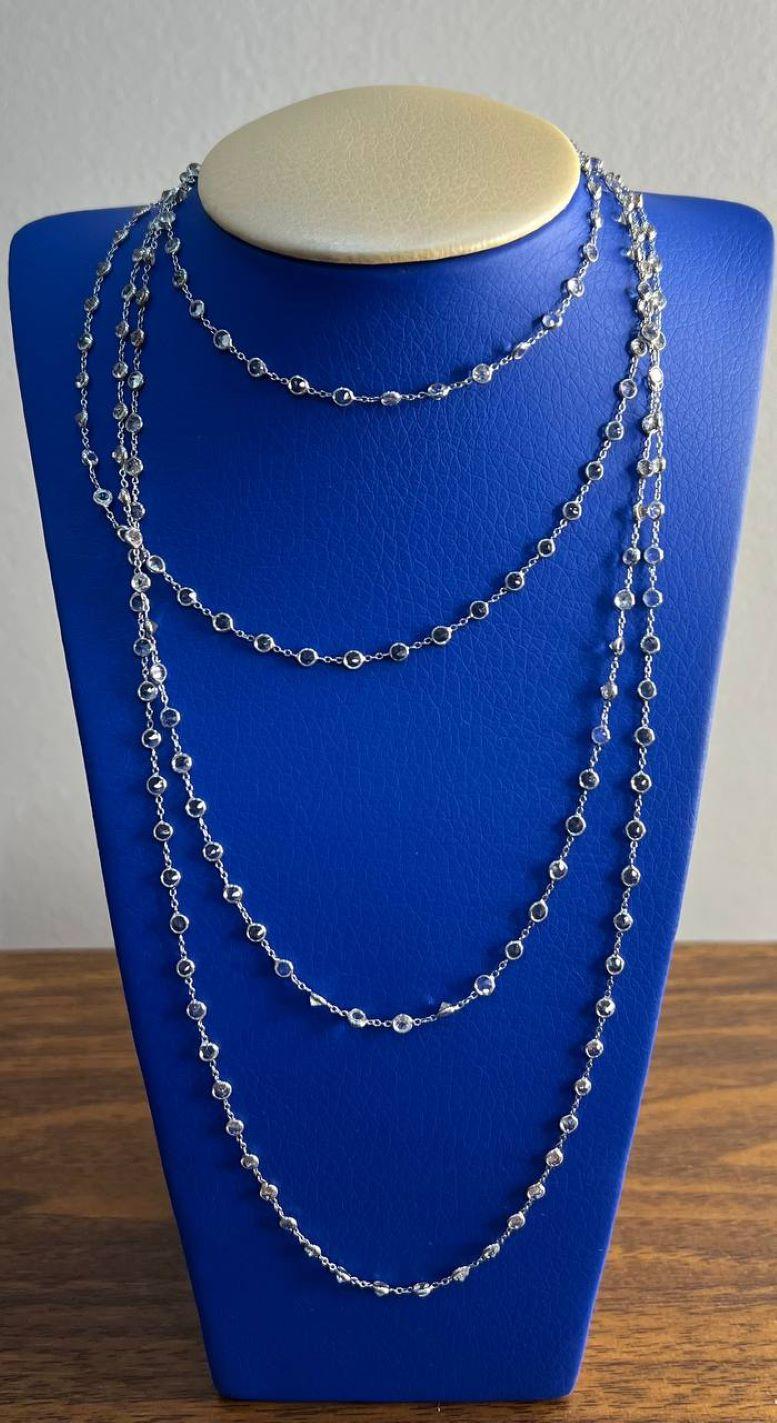 Round Cut Light Blue Topaz Bezel 14K White Gold Long Chain Station Necklace For Sale 2