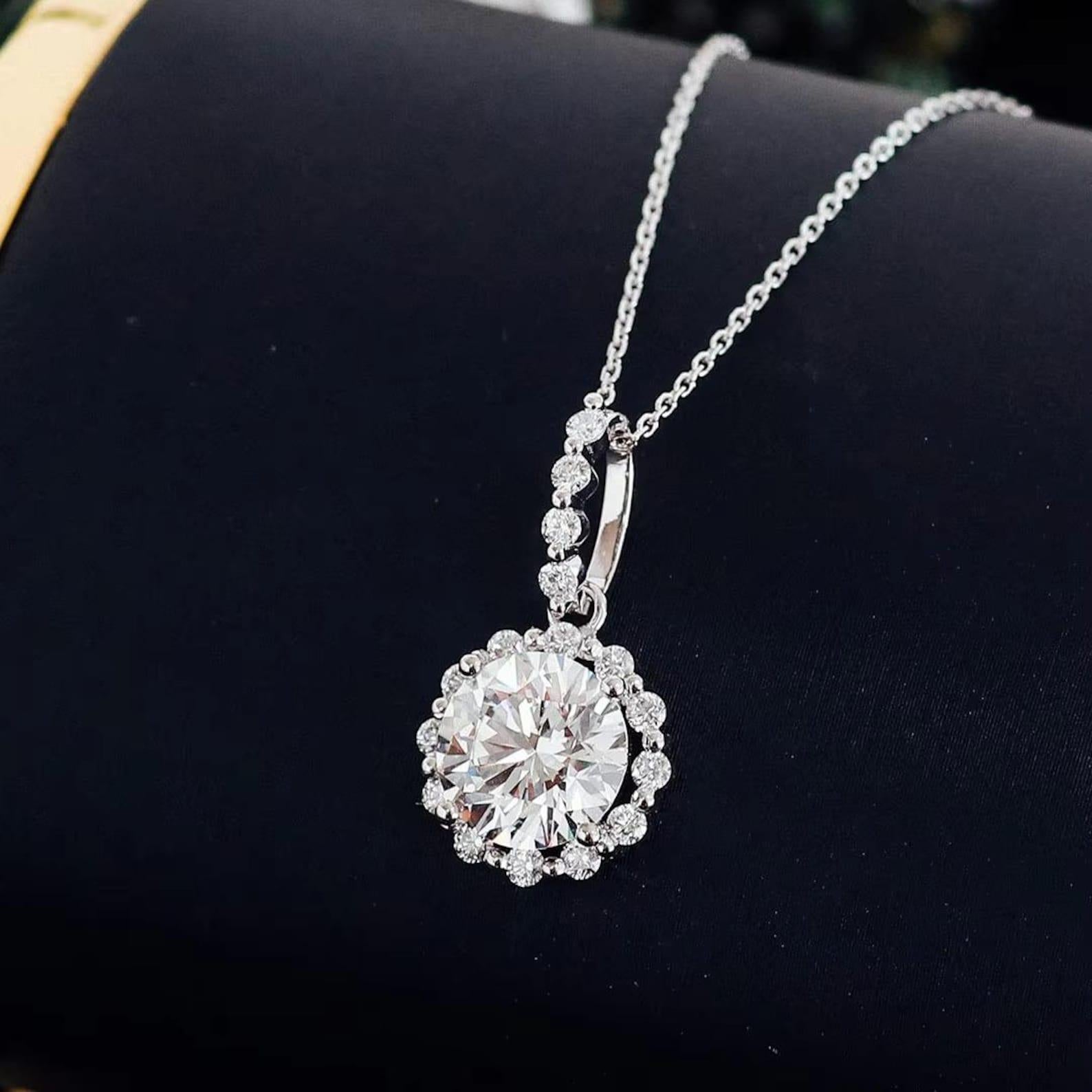 Rundschliff Moissanit Anhänger 925 Sterling Silber Solitär Halo Anhänger Halskette 1