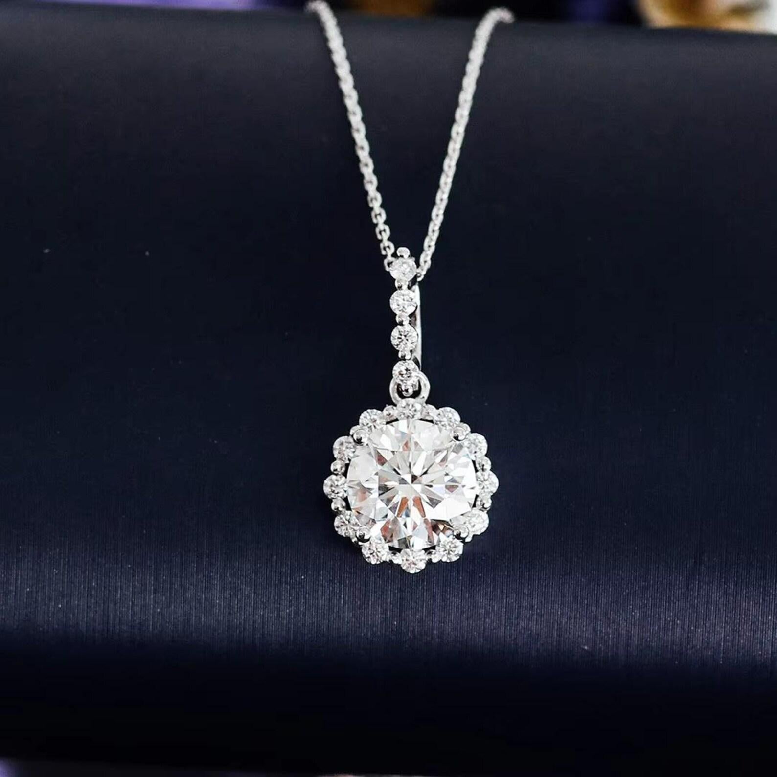 Rundschliff Moissanit Anhänger 925 Sterling Silber Solitär Halo Anhänger Halskette 2