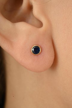 Round Cut Natural Blue Sapphire Bezel Set Stud Earrings in 14K Solid Yellow Gold