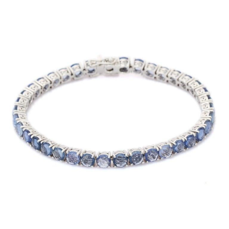 Round Cut Natural Blue Sapphire Tennis Bracelet in 18K Solid White Gold For Sale 1