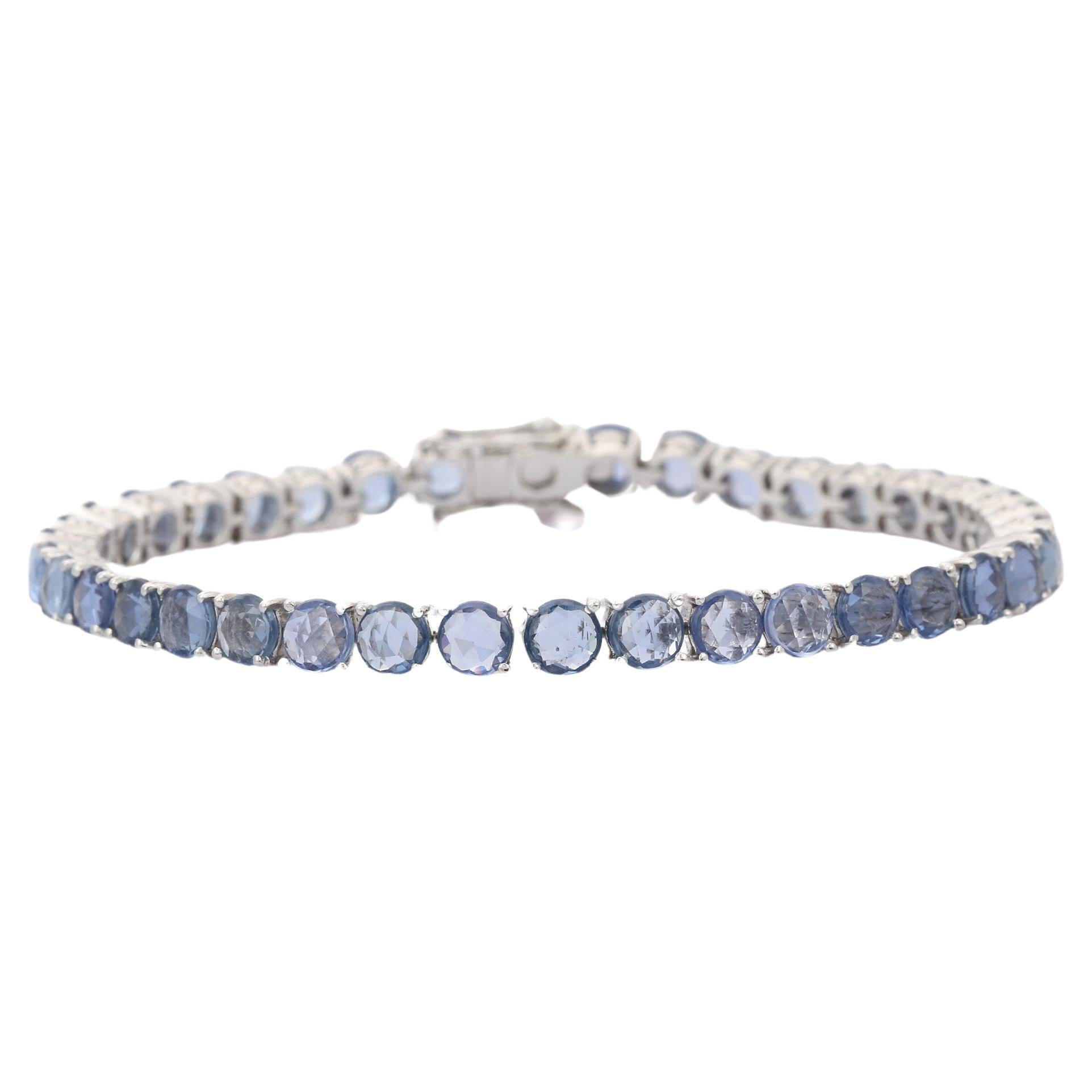 Round Cut Natural Blue Sapphire Tennis Bracelet in 18K Solid White Gold For Sale