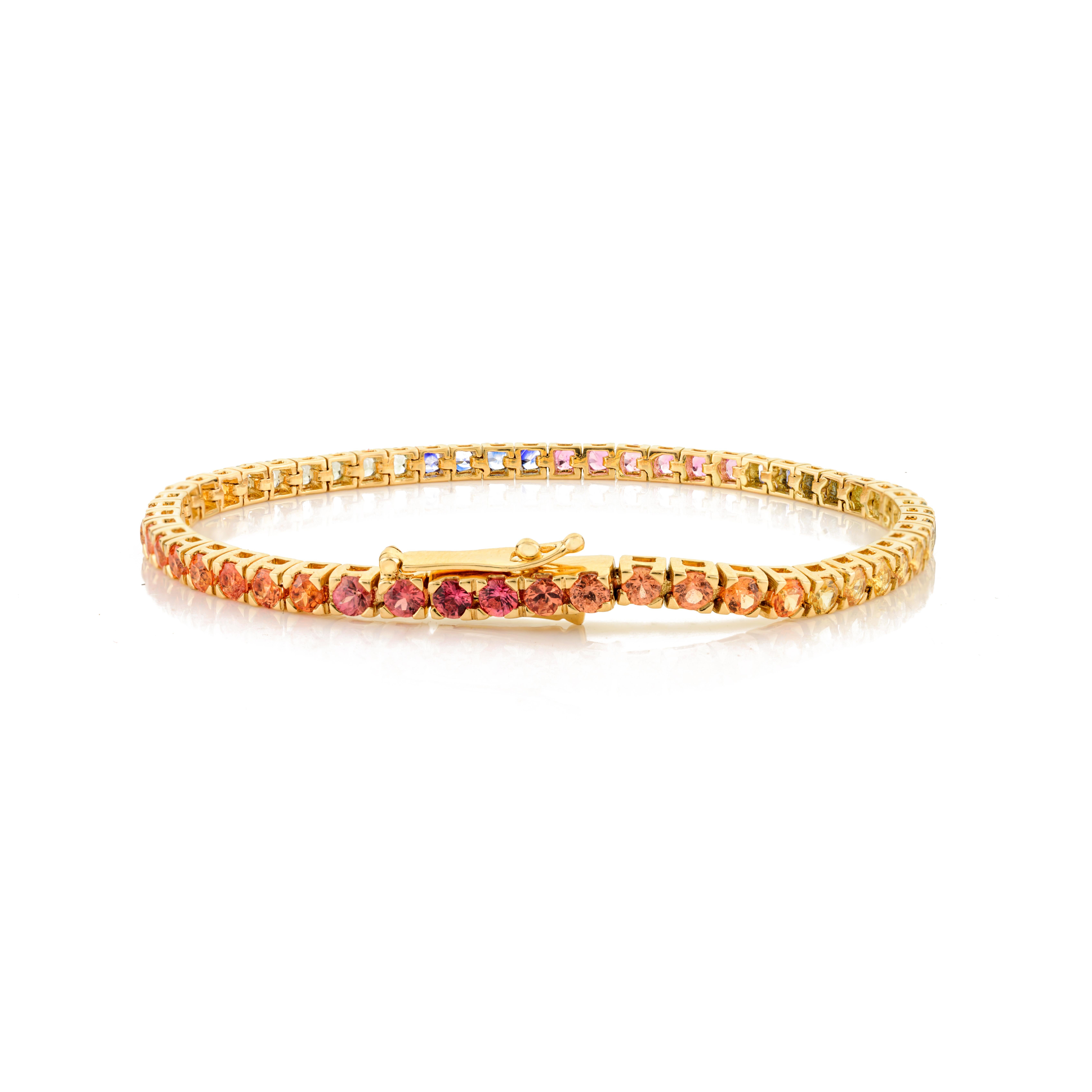 Art Deco Round Cut Natural Multi Sapphire Tennis Bracelet For Women in 18k Yellow Gold For Sale