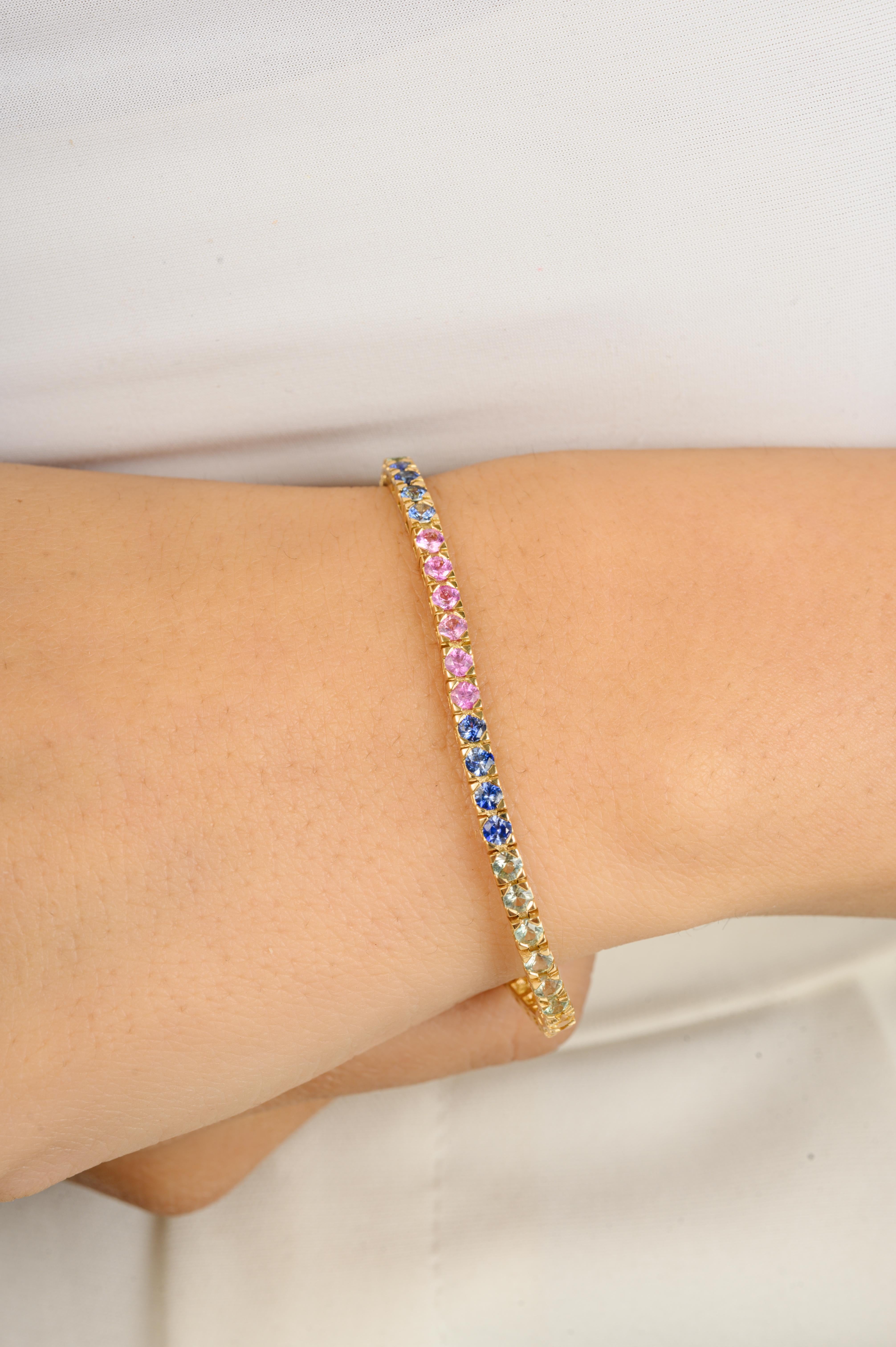 Round Cut Natural Multi Sapphire Tennis Bracelet For Women in 18k Yellow Gold For Sale 1