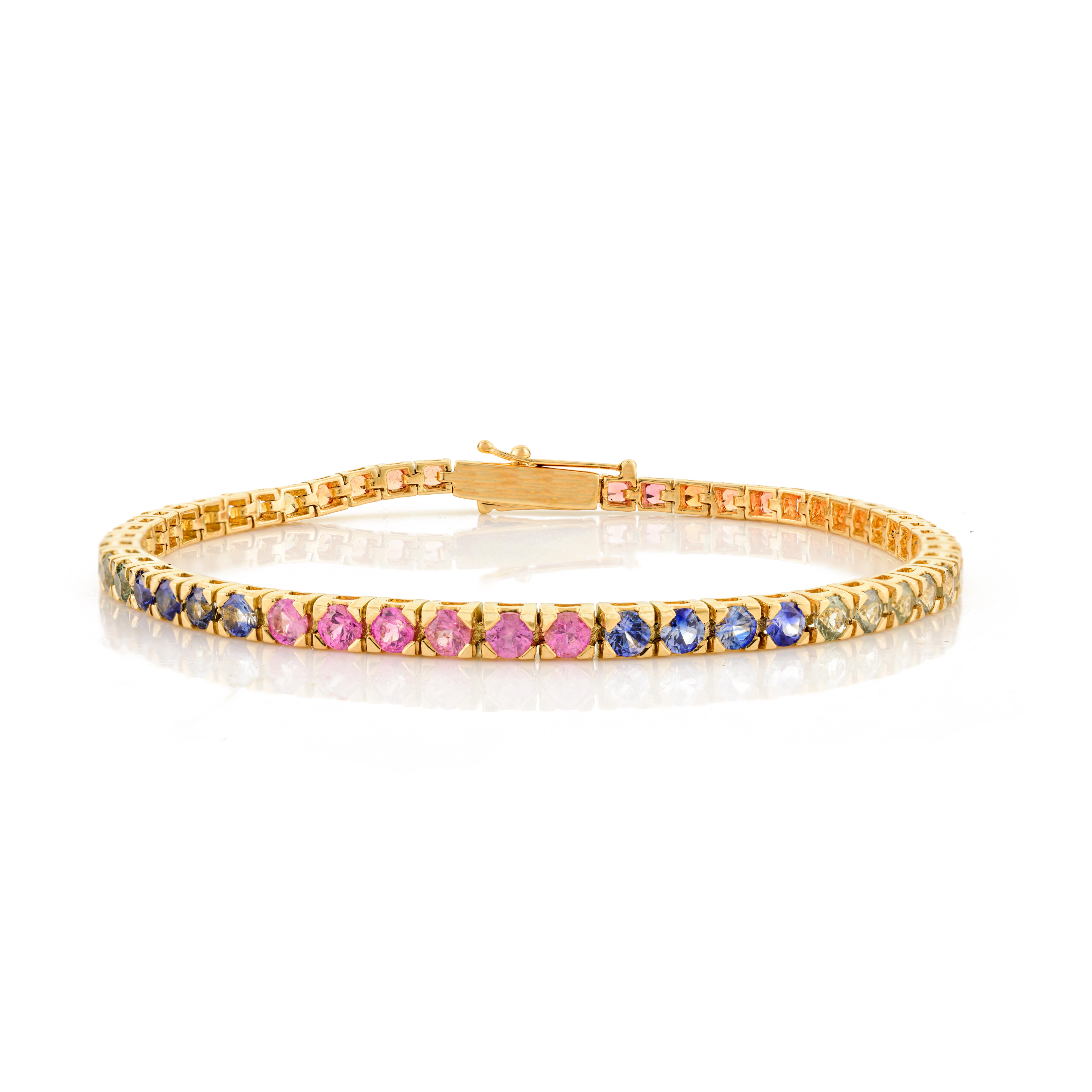 Round Cut Natural Multi Sapphire Tennis Bracelet For Women in 18k Yellow Gold For Sale 2