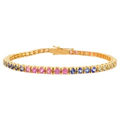 Round Cut Natural Multi Sapphire Tennis Bracelet For Women in 18k Yellow Gold