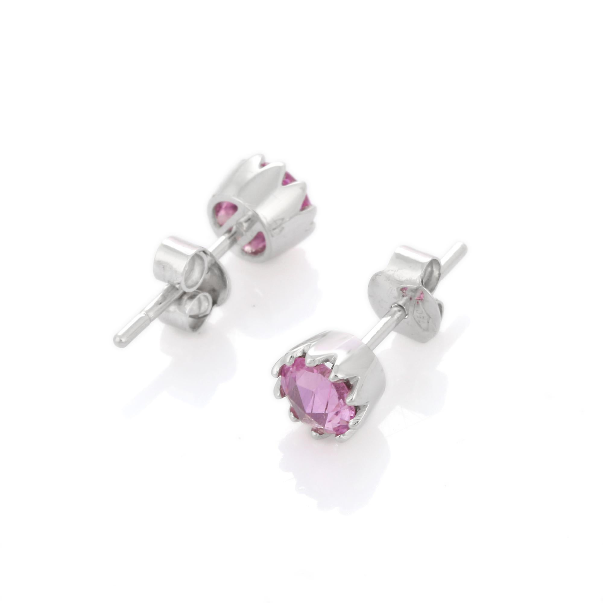 Modern Round Cut Natural Pink Sapphire Stud Earrings in 18K White Gold For Sale