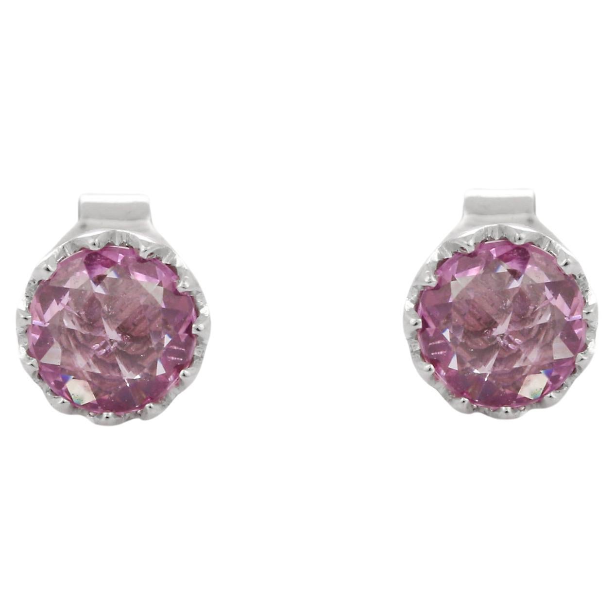 Round Cut Natural Pink Sapphire Stud Earrings in 18K White Gold For Sale